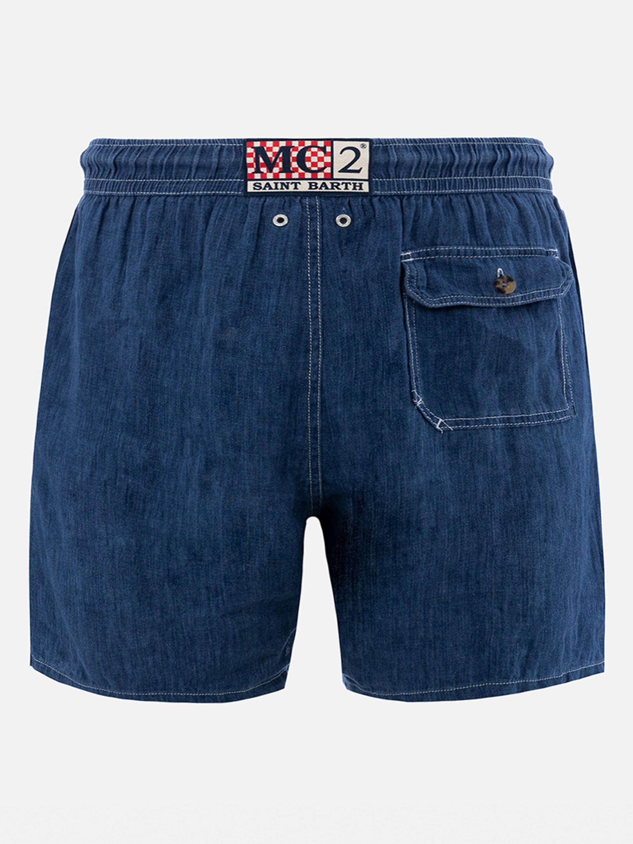 Man Mid-Length Denim Blue Linen Swim-Shorts Gustavia Swimshort