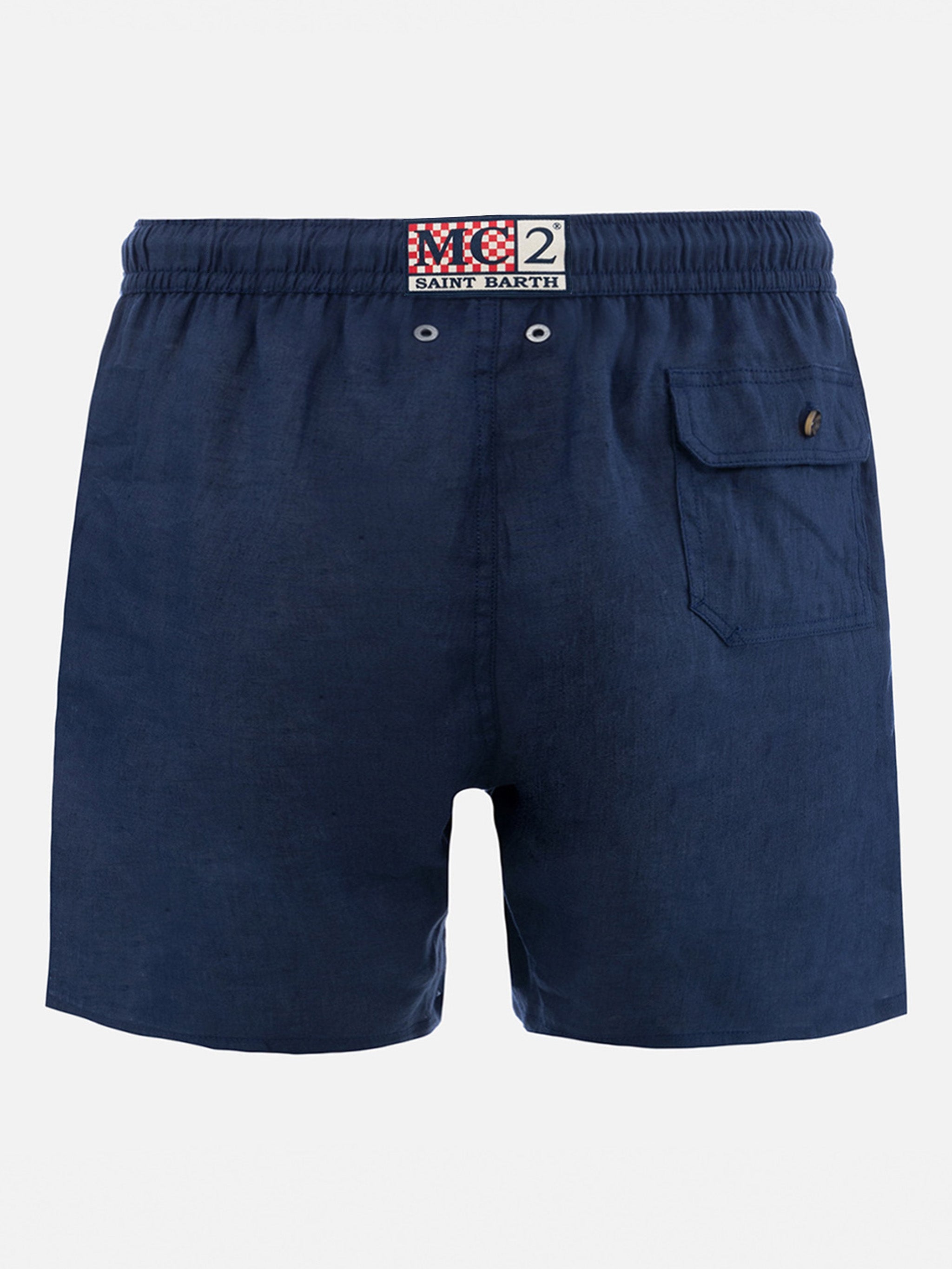 Mid-Length Navy Blue Linen Swim-Shorts Gustavia Swimshort