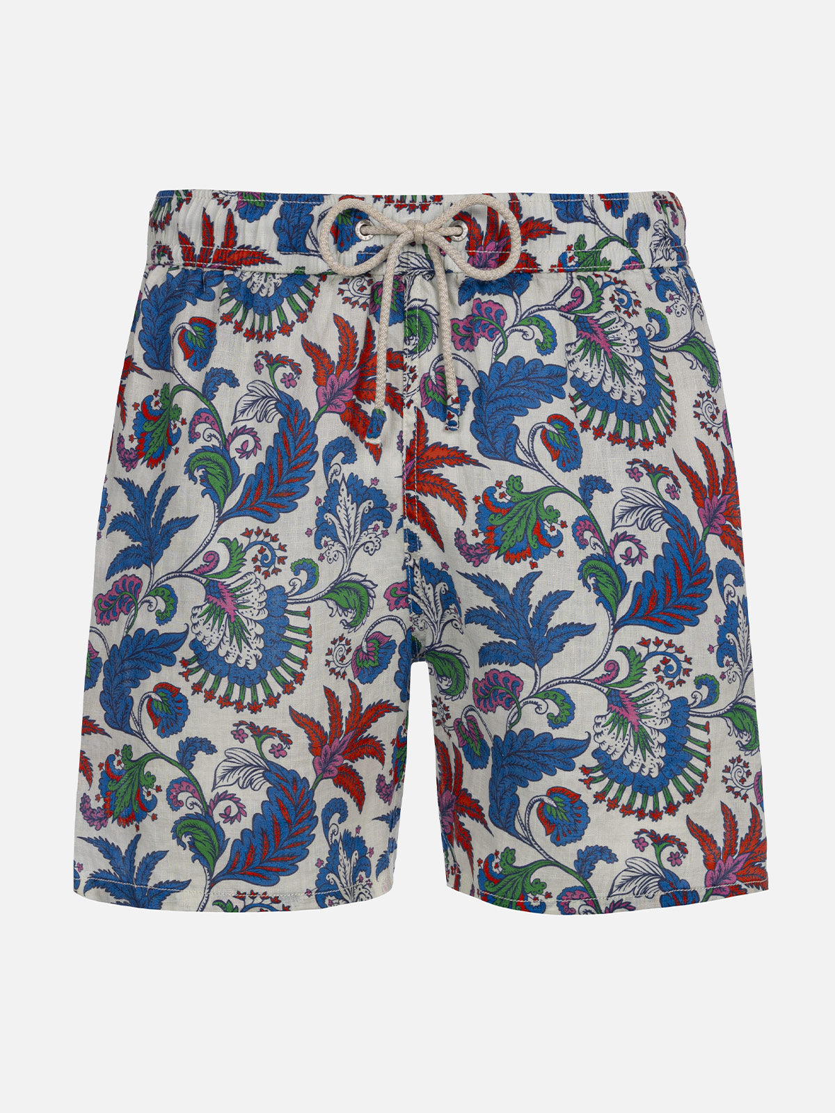 Man Mid-Length Linen Swim-Shorts Gustavia With Flower Print White Swimshort
