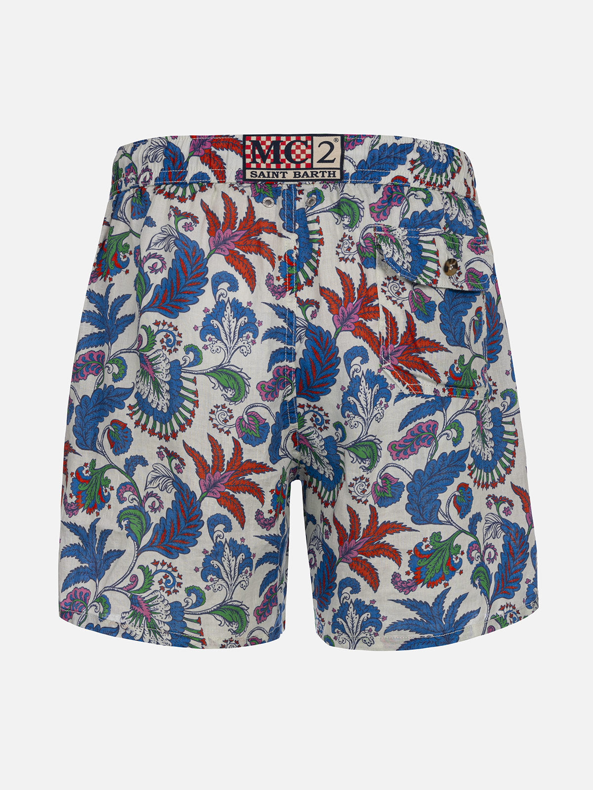 Man Mid-Length Linen Swim-Shorts Gustavia With Flower Print White Swimshort