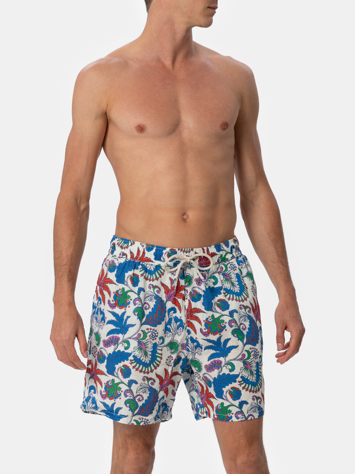 Man Mid-Length Linen Swim-Shorts Gustavia With Flower Print White Swimshort