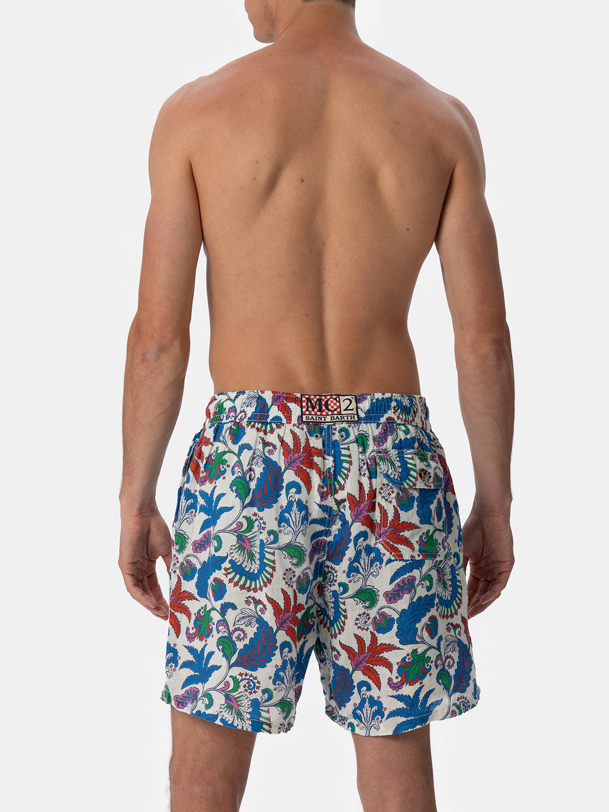 Man Mid-Length Linen Swim-Shorts Gustavia With Flower Print White Swimshort