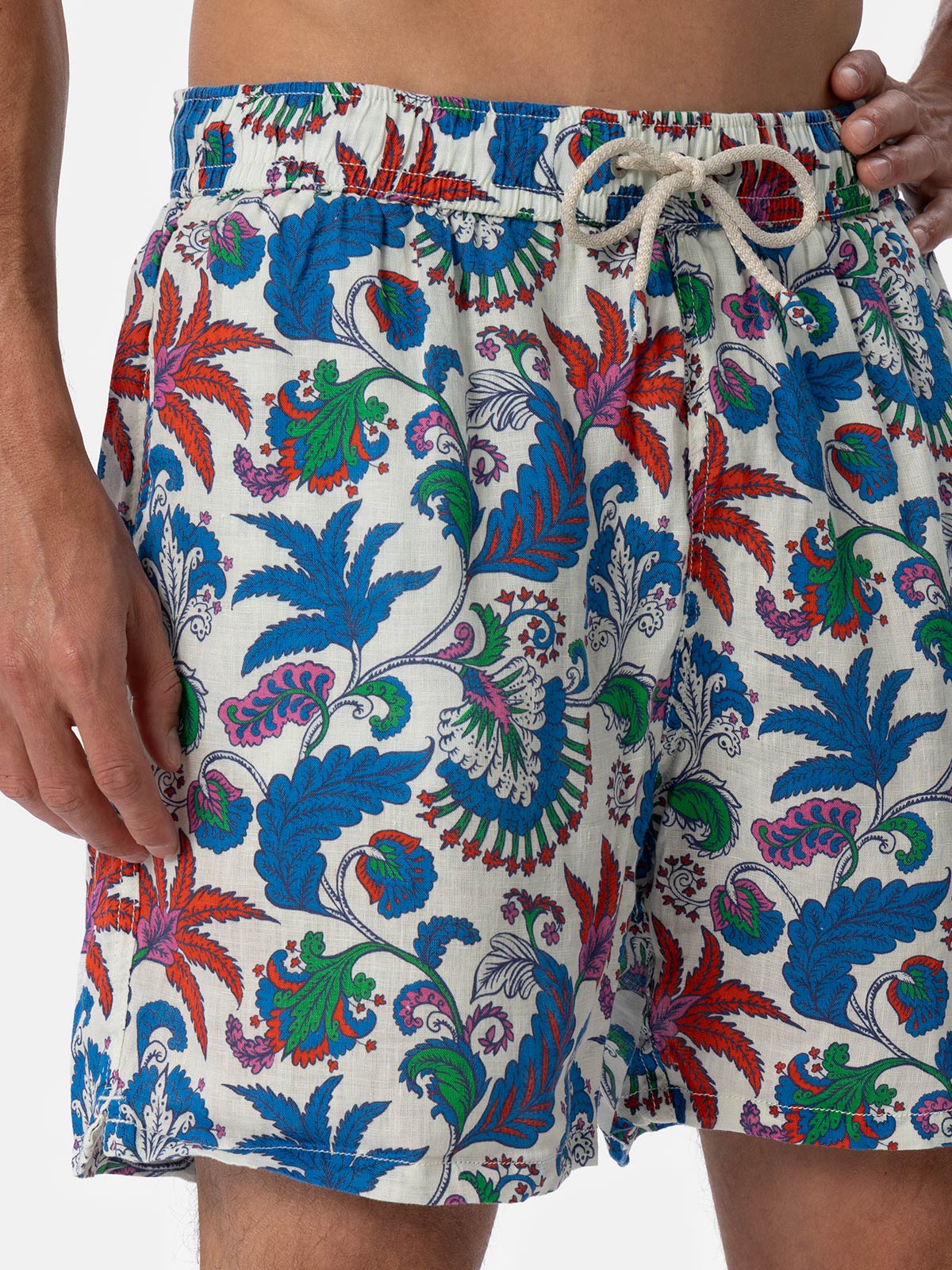 Man Mid-Length Linen Swim-Shorts Gustavia With Flower Print White Swimshort