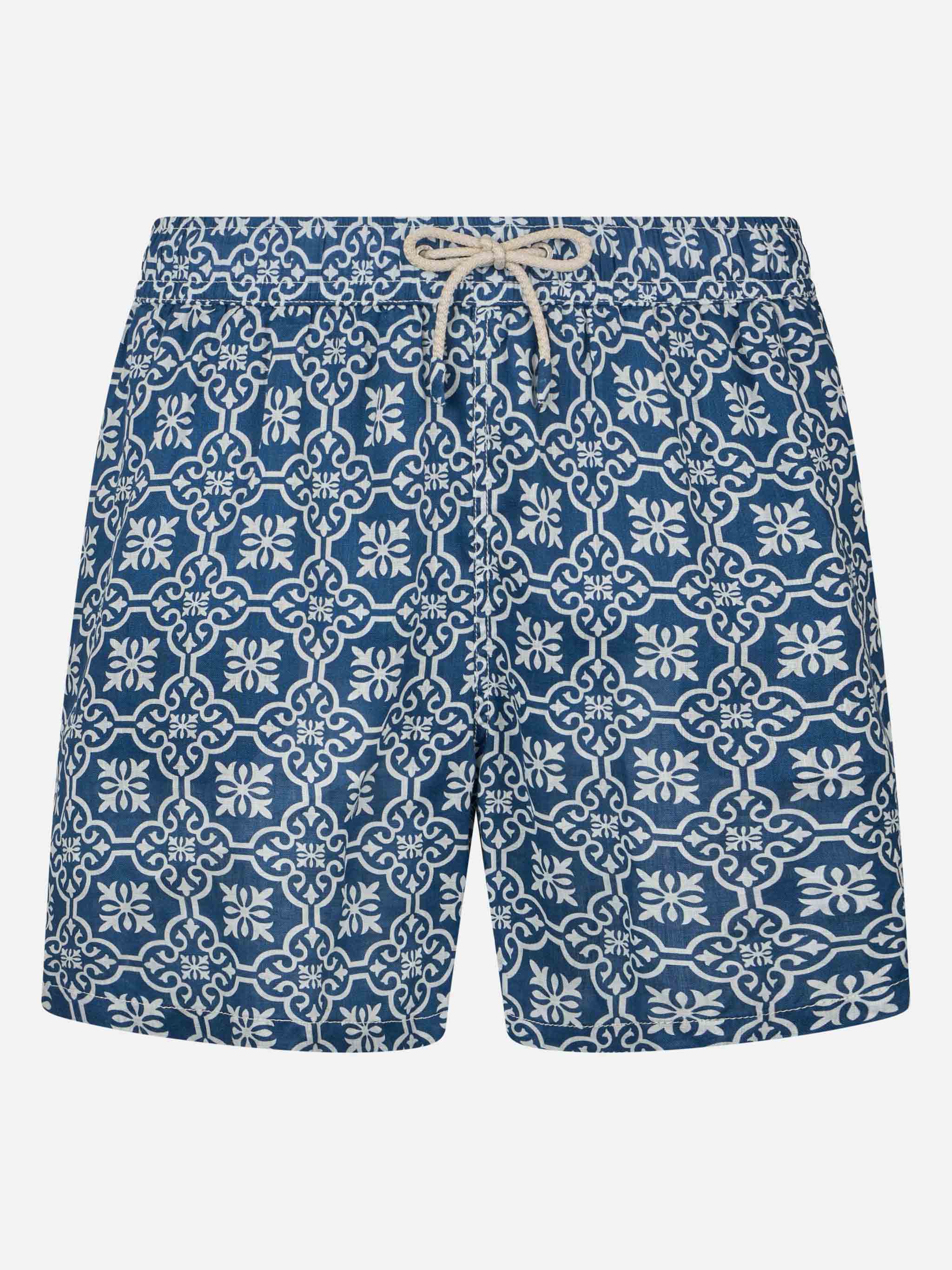 Man Mid-Length Linen Swim-Shorts Gustavia With Majolica Print Blue Swimshort