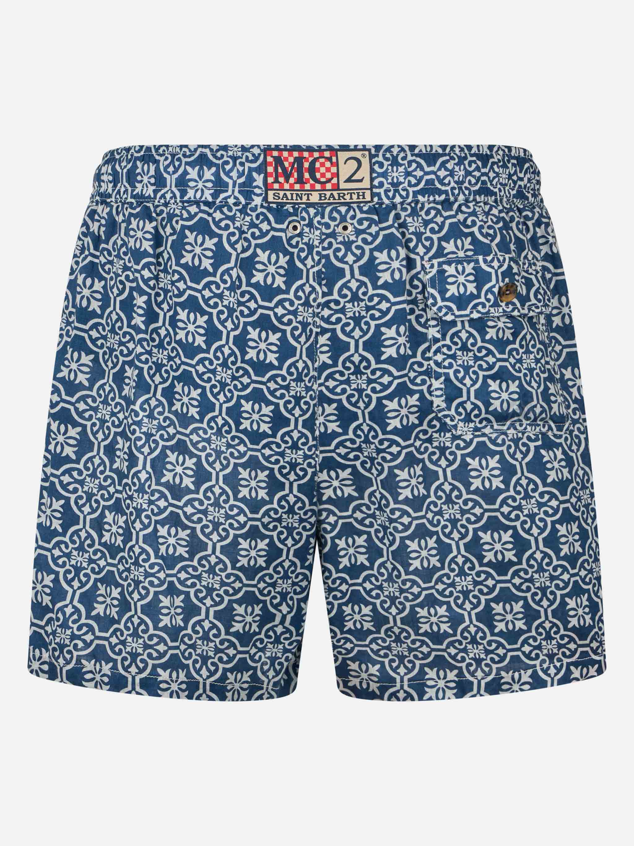 Man Mid-Length Linen Swim-Shorts Gustavia With Majolica Print Blue Swimshort