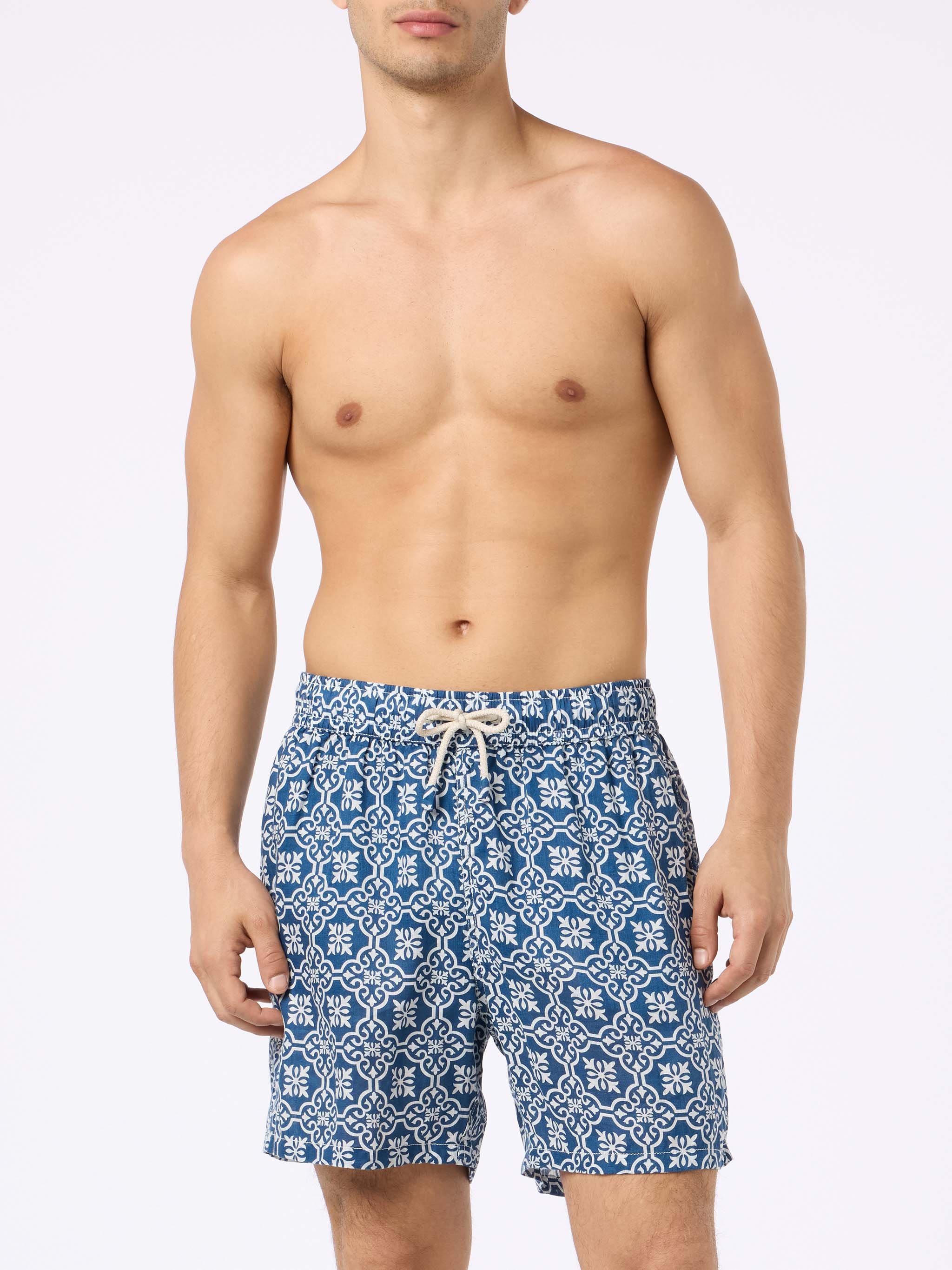 Man Mid-Length Linen Swim-Shorts Gustavia With Majolica Print Blue Swimshort