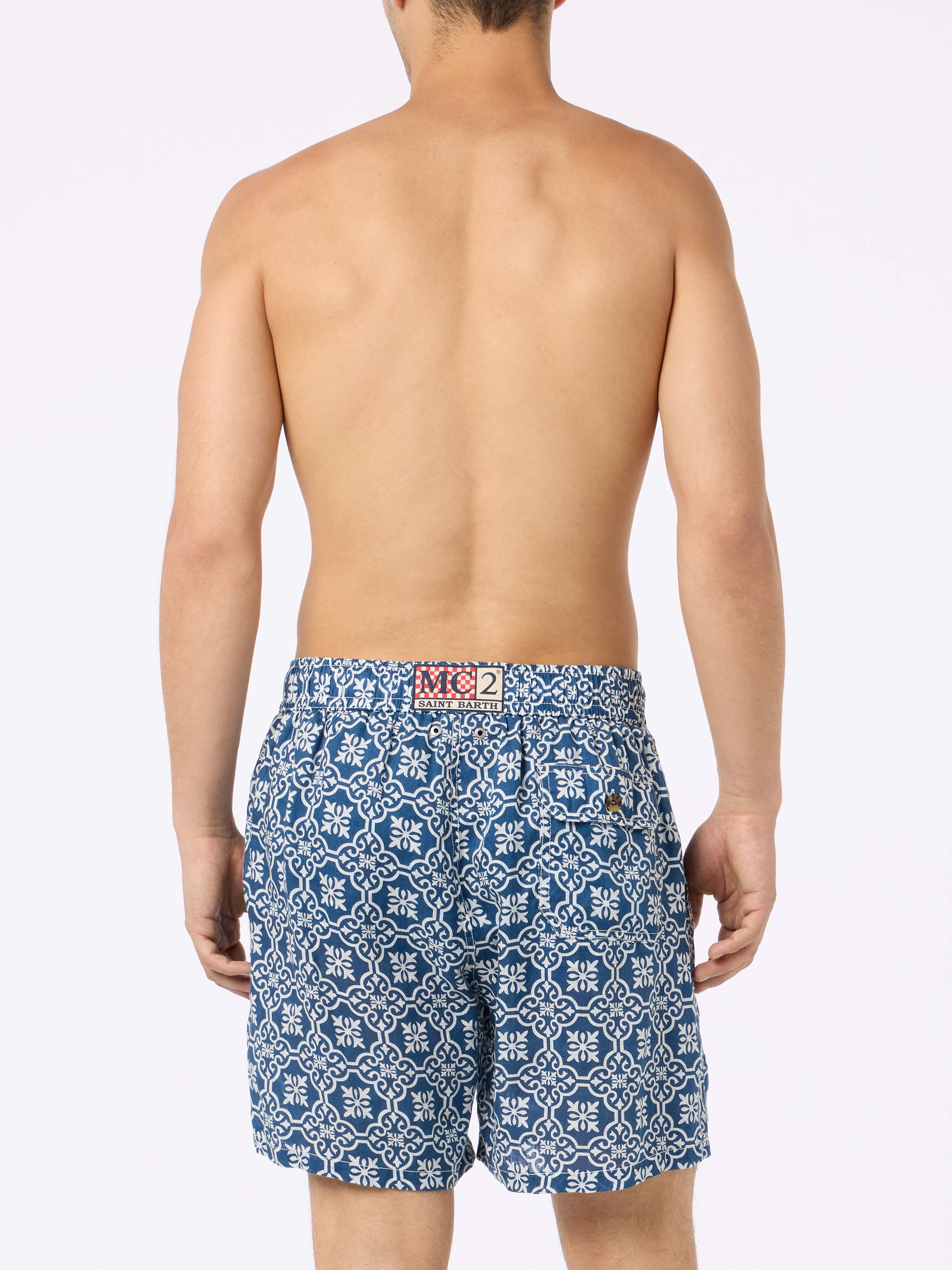 Man Mid-Length Linen Swim-Shorts Gustavia With Majolica Print Blue Swimshort