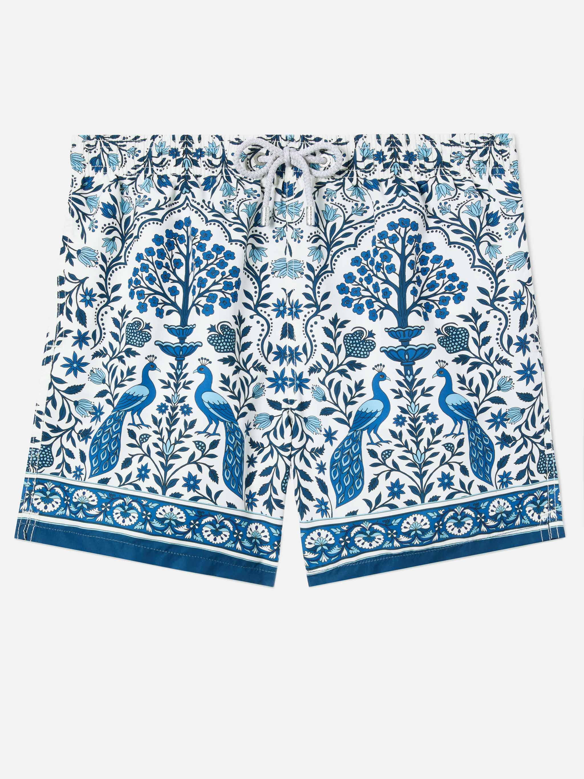 Gustavia White Swim Shorts With Contrasting Peacock Print Swimshort