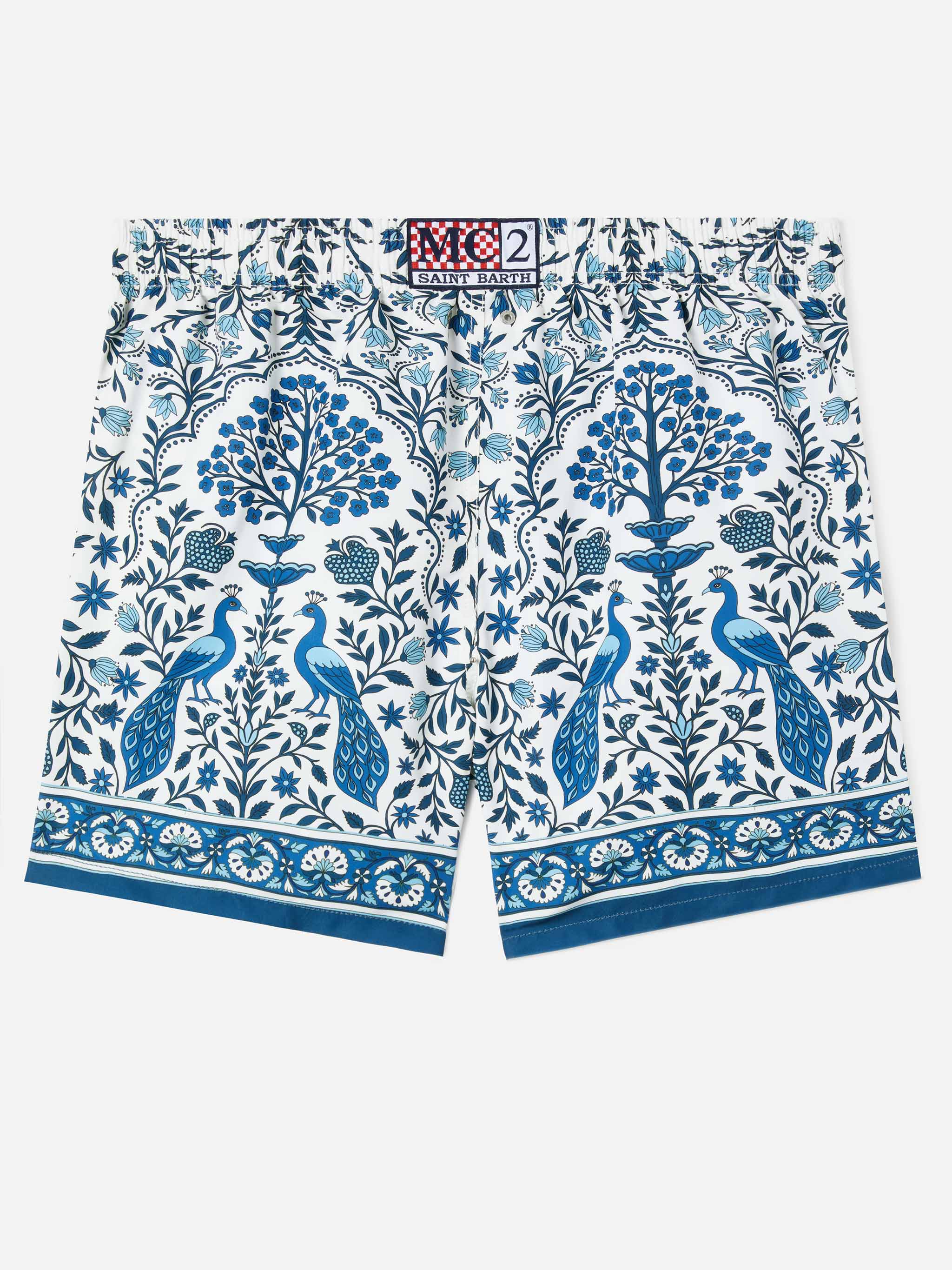 Gustavia White Swim Shorts With Contrasting Peacock Print Swimshort