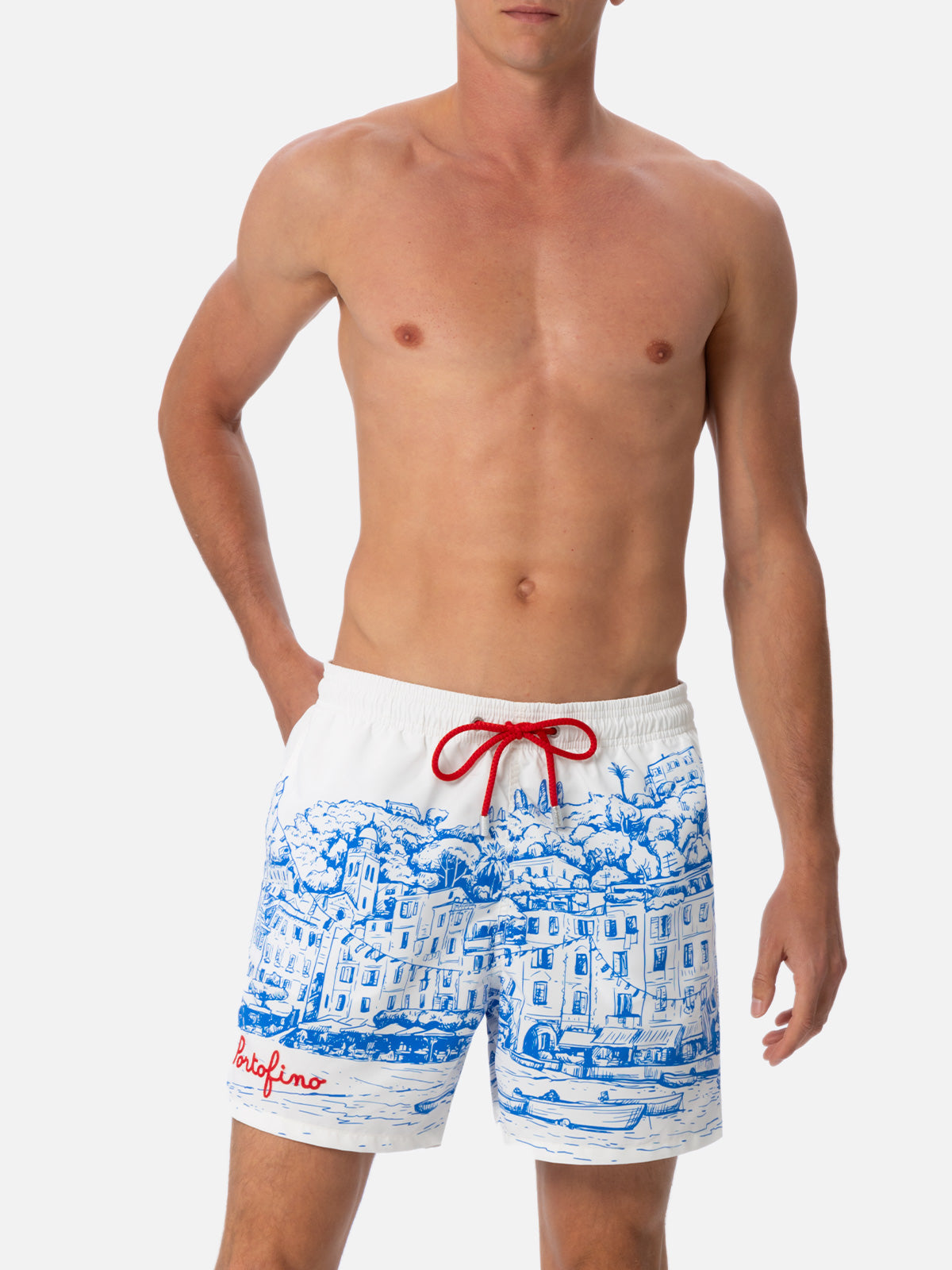 Man Mid-Length Gustavia Swim-Shorts With Portofino Placed Print White Swimshort