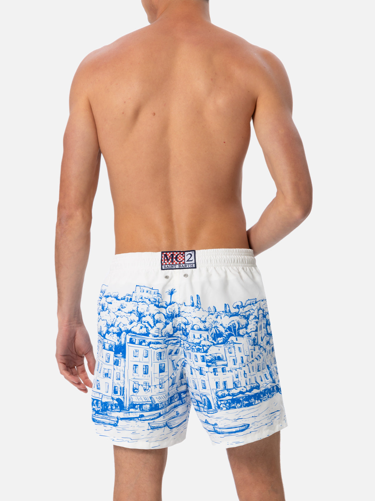 Man Mid-Length Gustavia Swim-Shorts With Portofino Placed Print White Swimshort