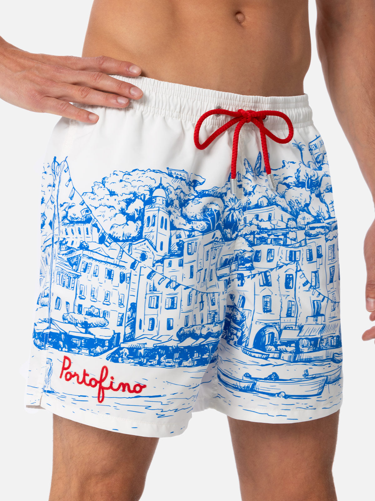 Man Mid-Length Gustavia Swim-Shorts With Portofino Placed Print White Swimshort