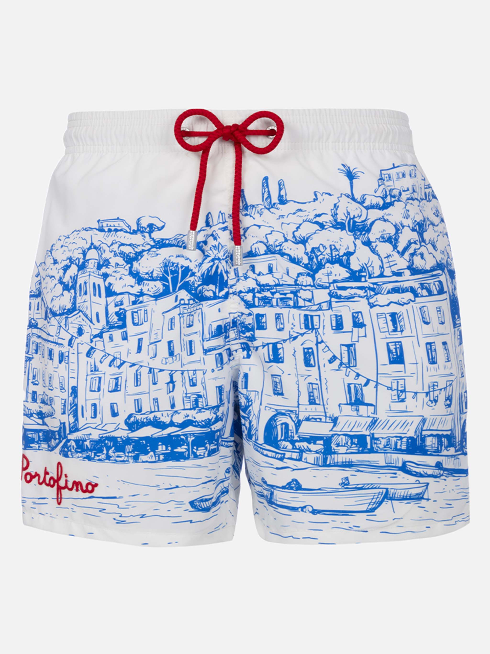 Man Mid-Length Gustavia Swim-Shorts With Portofino Placed Print White Swimshort