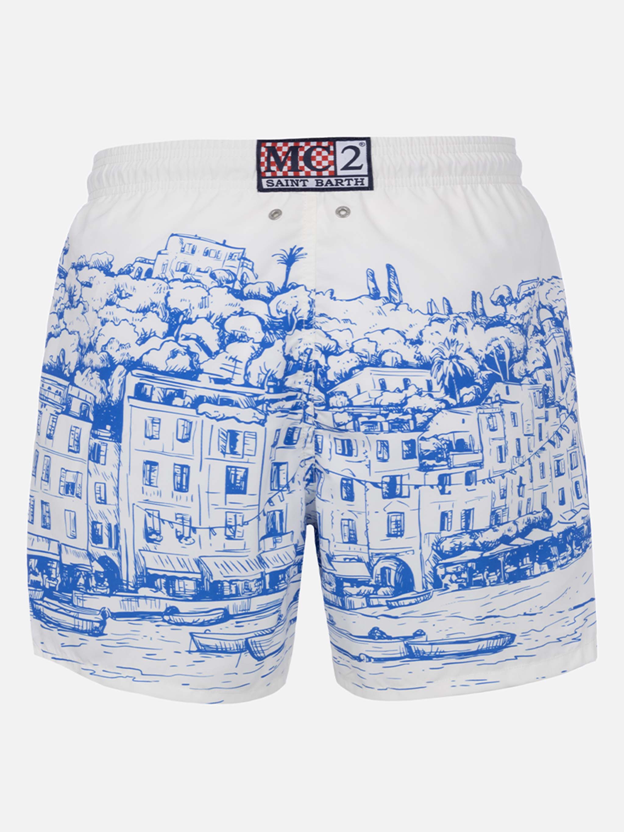 Man Mid-Length Gustavia Swim-Shorts With Portofino Placed Print White Swimshort