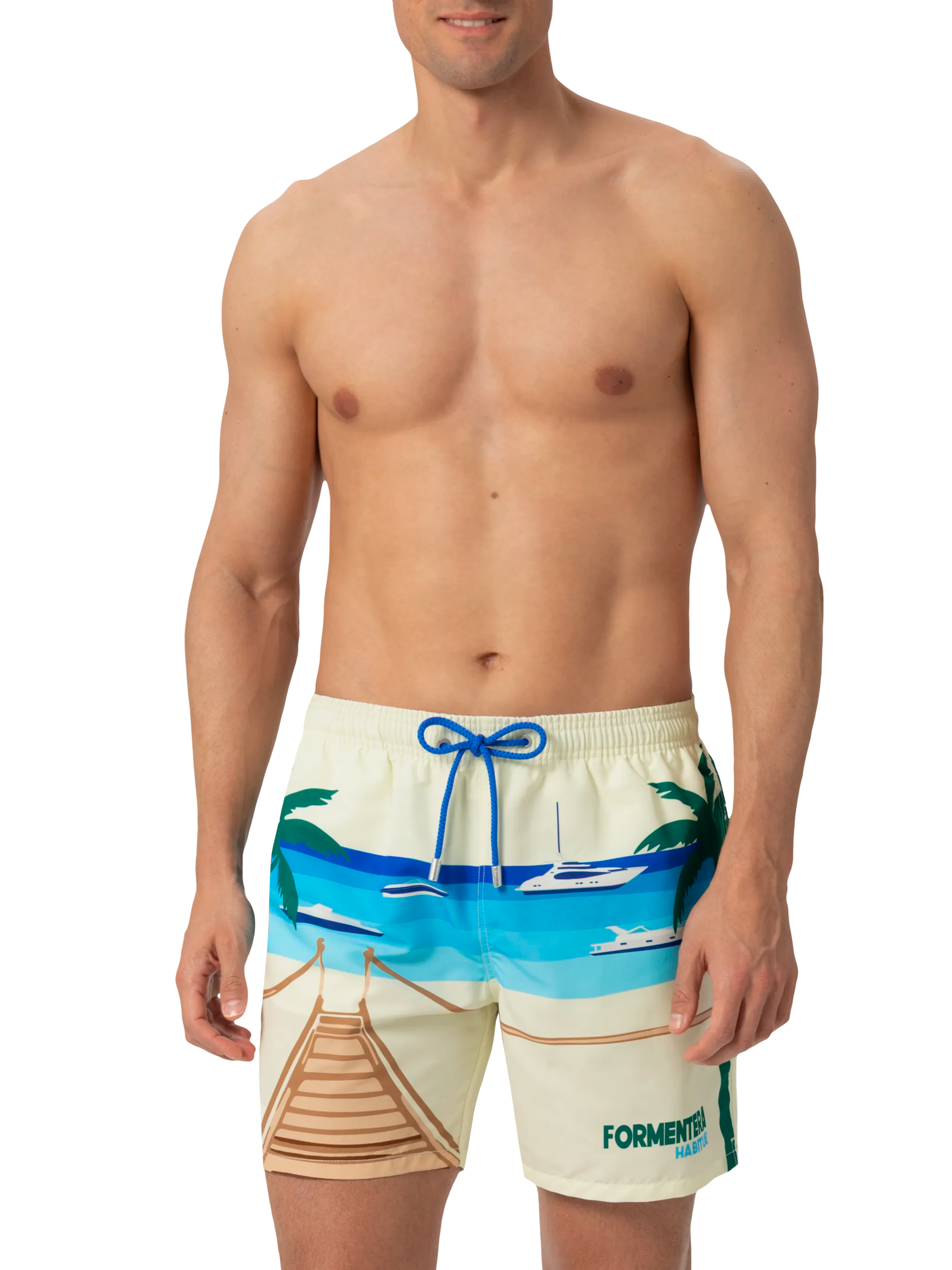 Mid-Length Gustavia Swim-Shorts With Formentera Postcard Placed Print White Swimshort