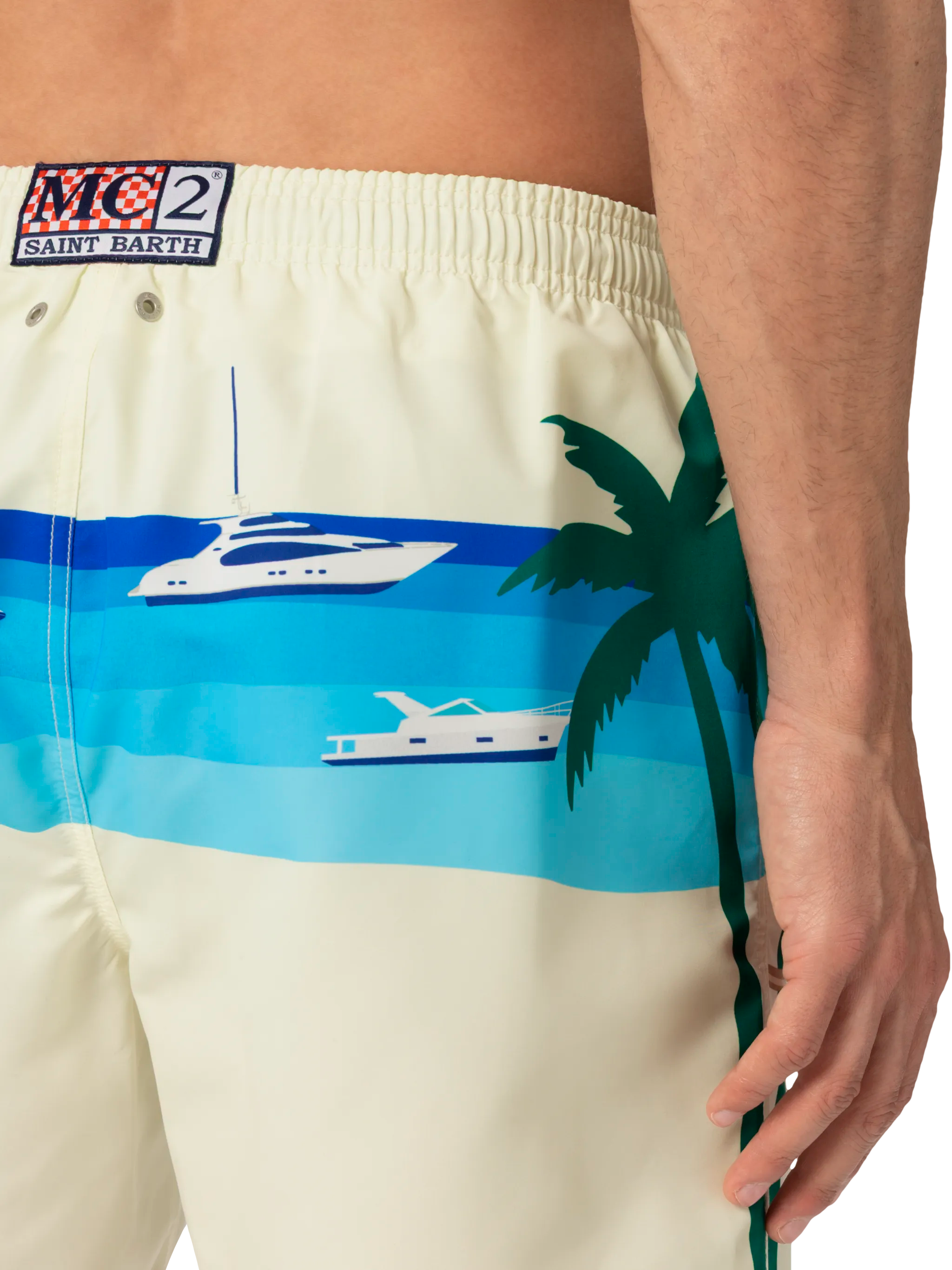 Mid-Length Gustavia Swim-Shorts With Formentera Postcard Placed Print White Swimshort
