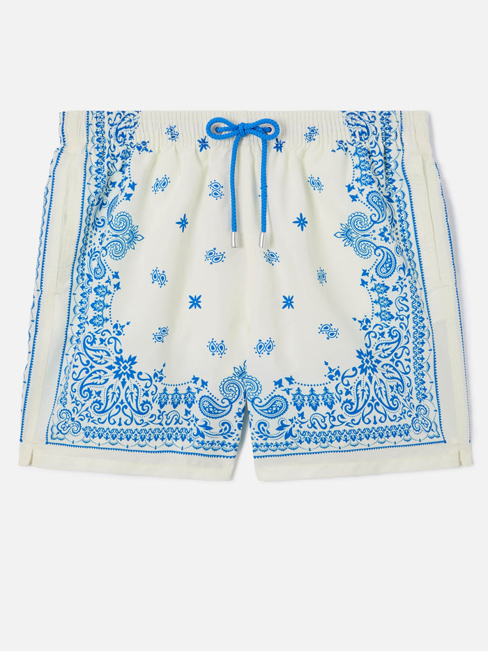 Gustavia Light Blue And White Swim Shorts With Bandana Print Swimshort
