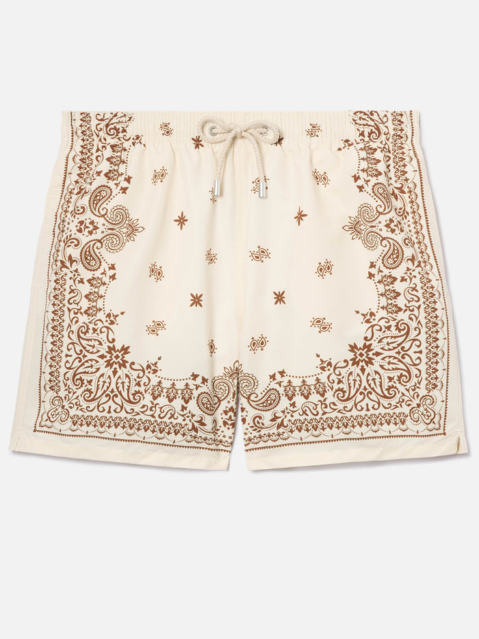 Gustavia Beige Swim Shorts With Bandana Print Brown Swimshort