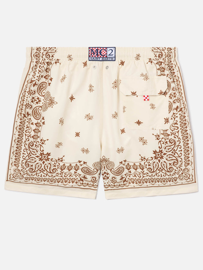 Gustavia Beige Swim Shorts With Bandana Print Brown Swimshort