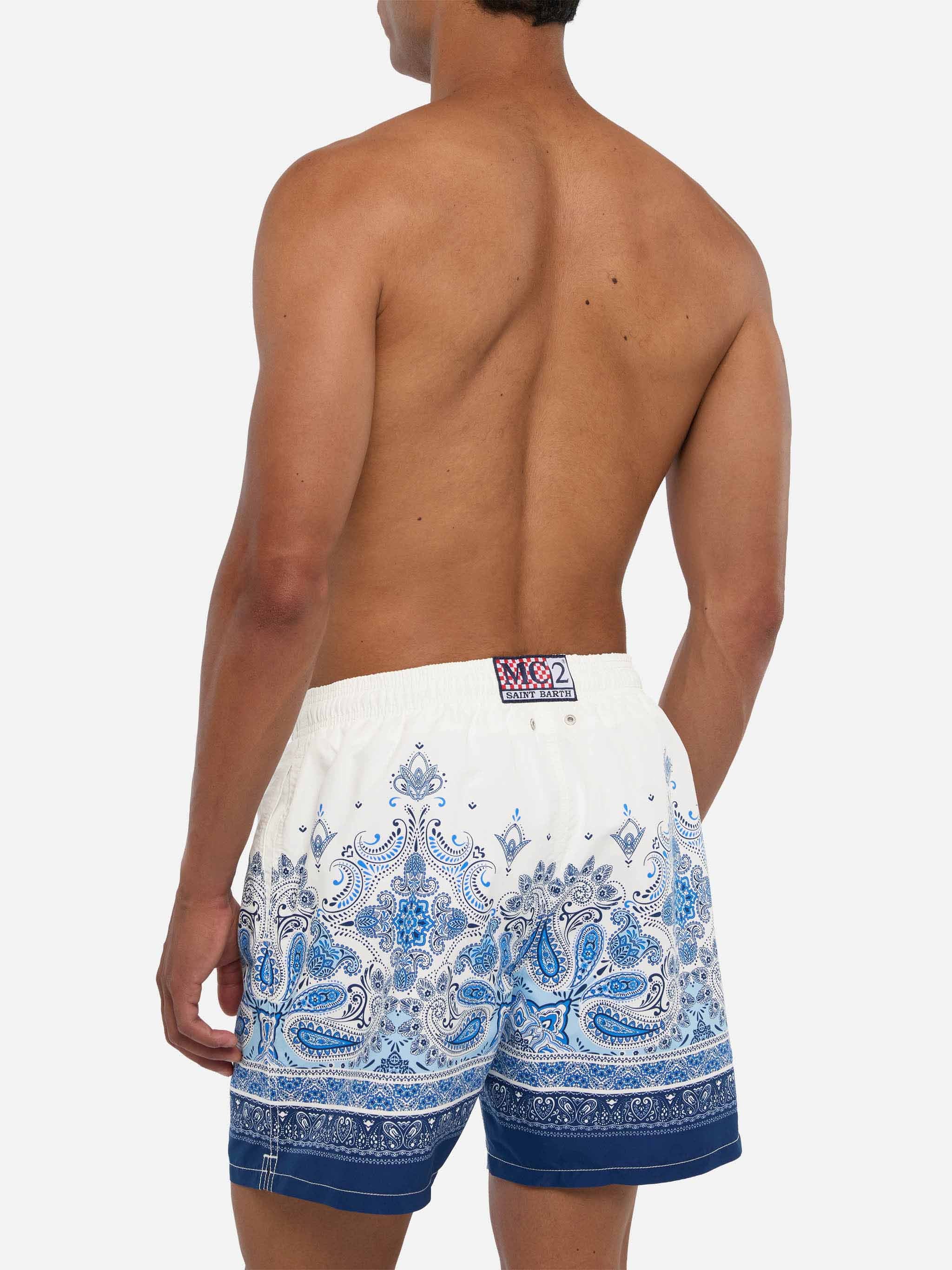 Mid-Length Gustavia Swim-Shorts With Paisley Placed Print White Swimshort