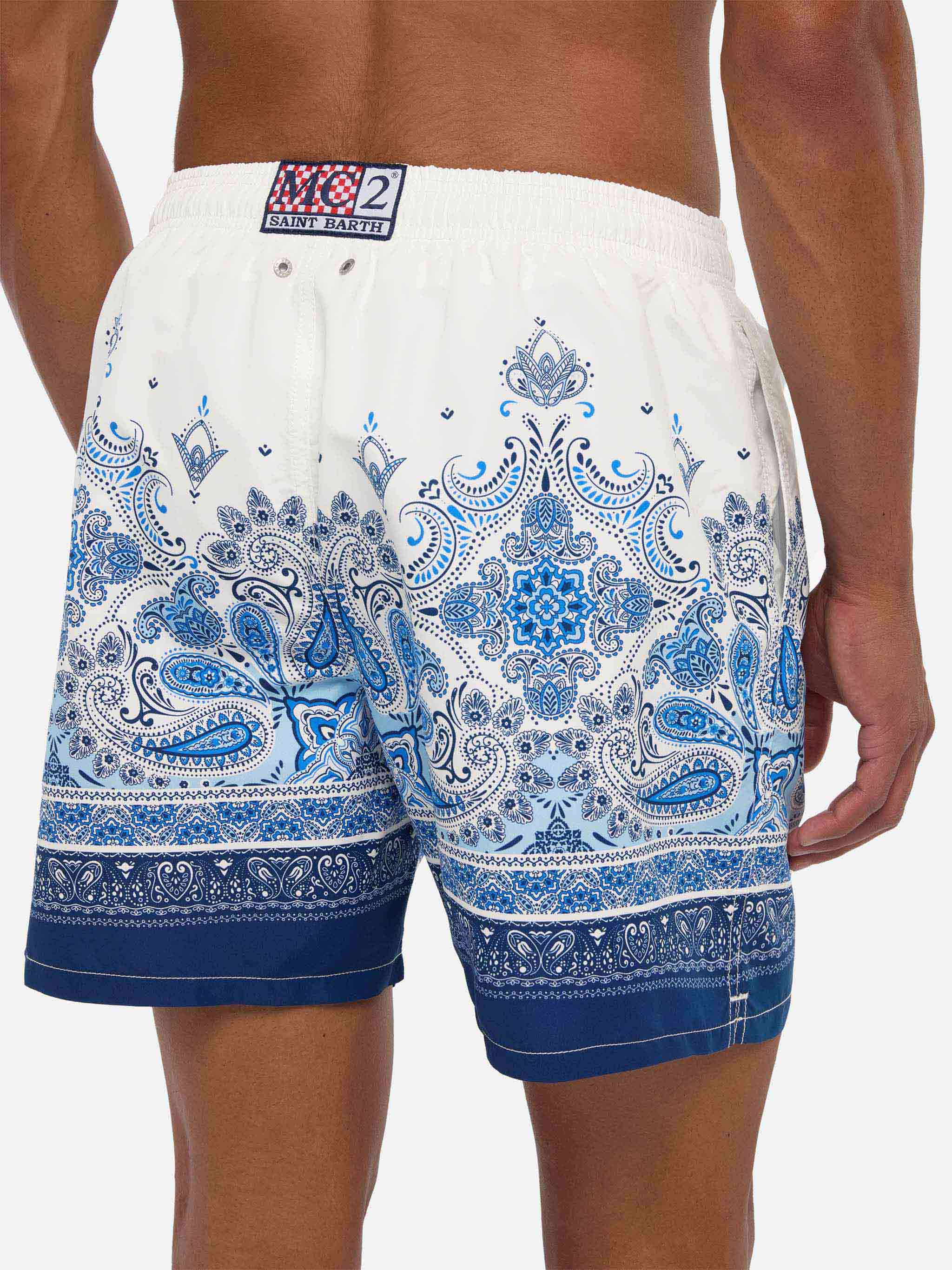 Mid-Length Gustavia Swim-Shorts With Paisley Placed Print White Swimshort