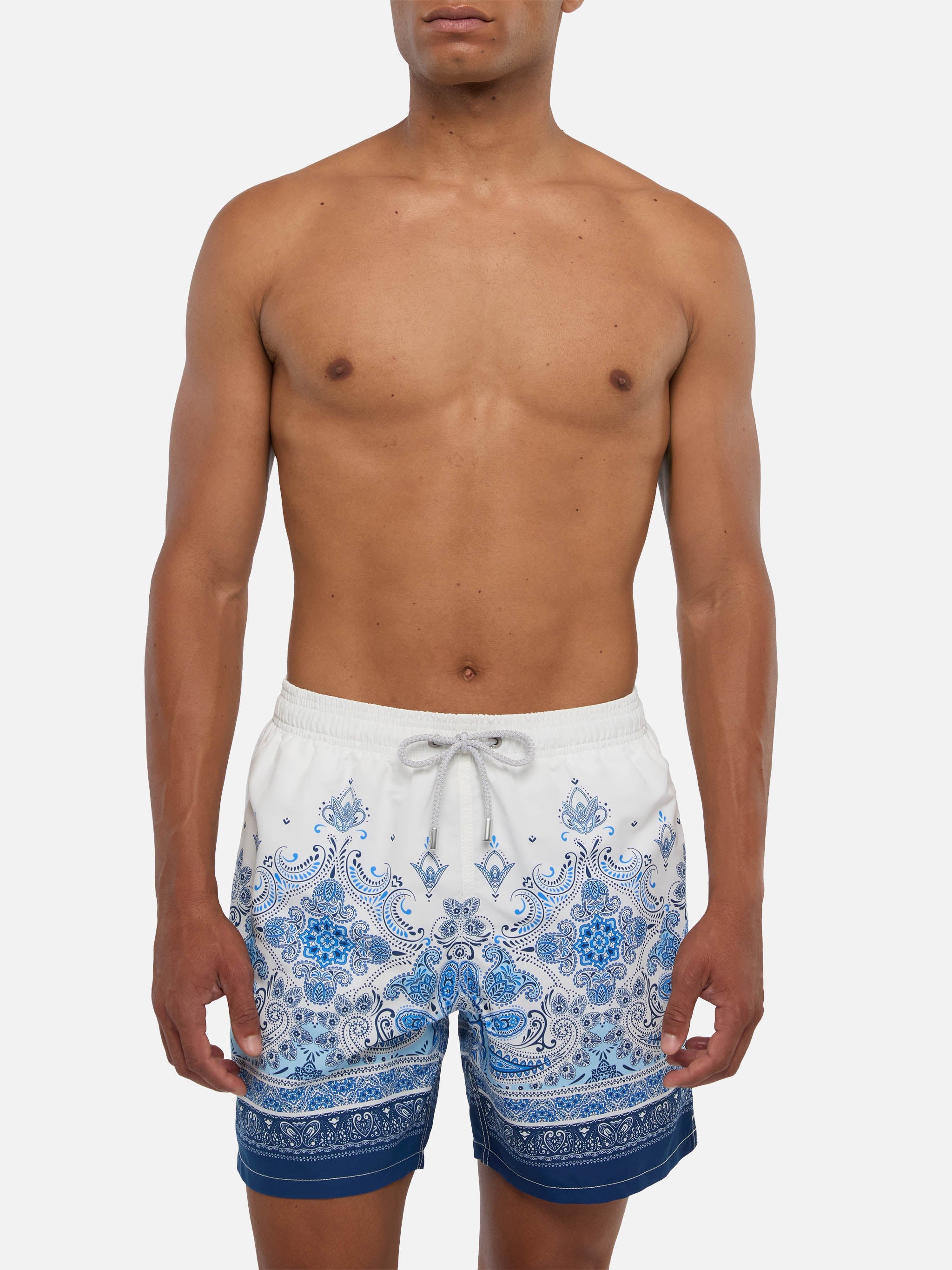 Mid-Length Gustavia Swim-Shorts With Paisley Placed Print White Swimshort