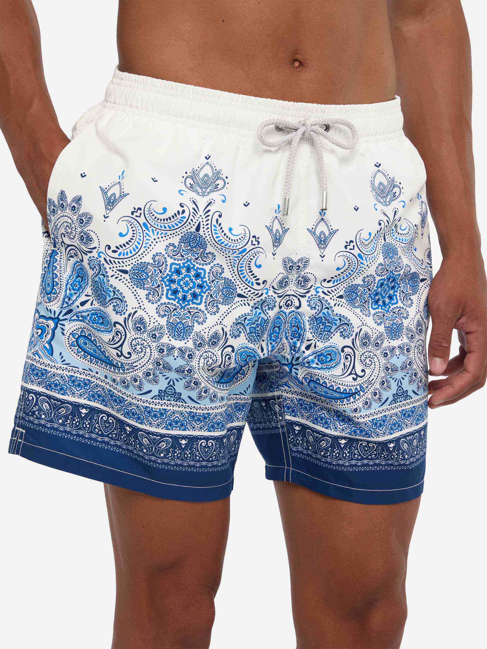 Mid-Length Gustavia Swim-Shorts With Paisley Placed Print White Swimshort
