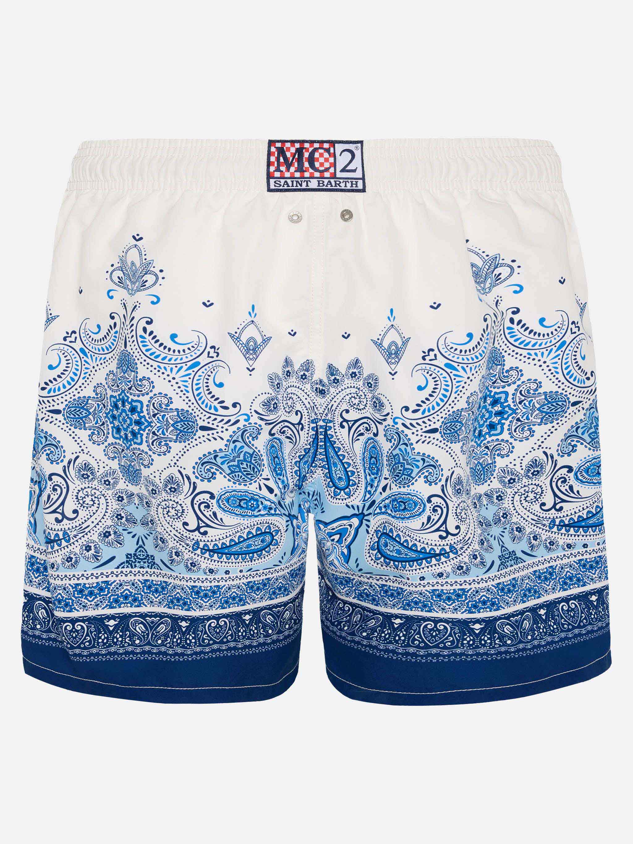 Mid-Length Gustavia Swim-Shorts With Paisley Placed Print White Swimshort