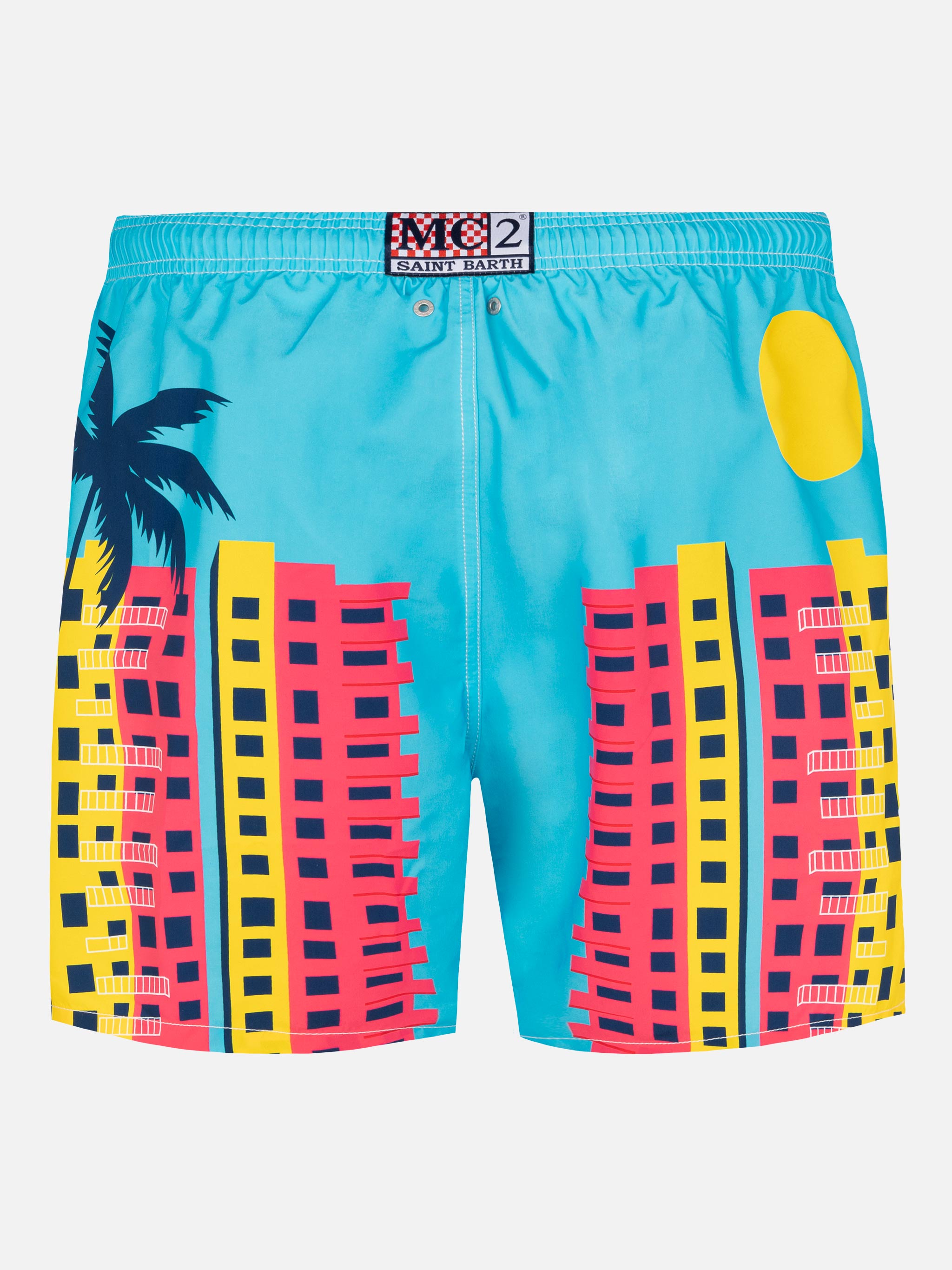 Mid-Length Gustavia Swim-Shorts With Miami Postcard Placed Print Green Swimshort