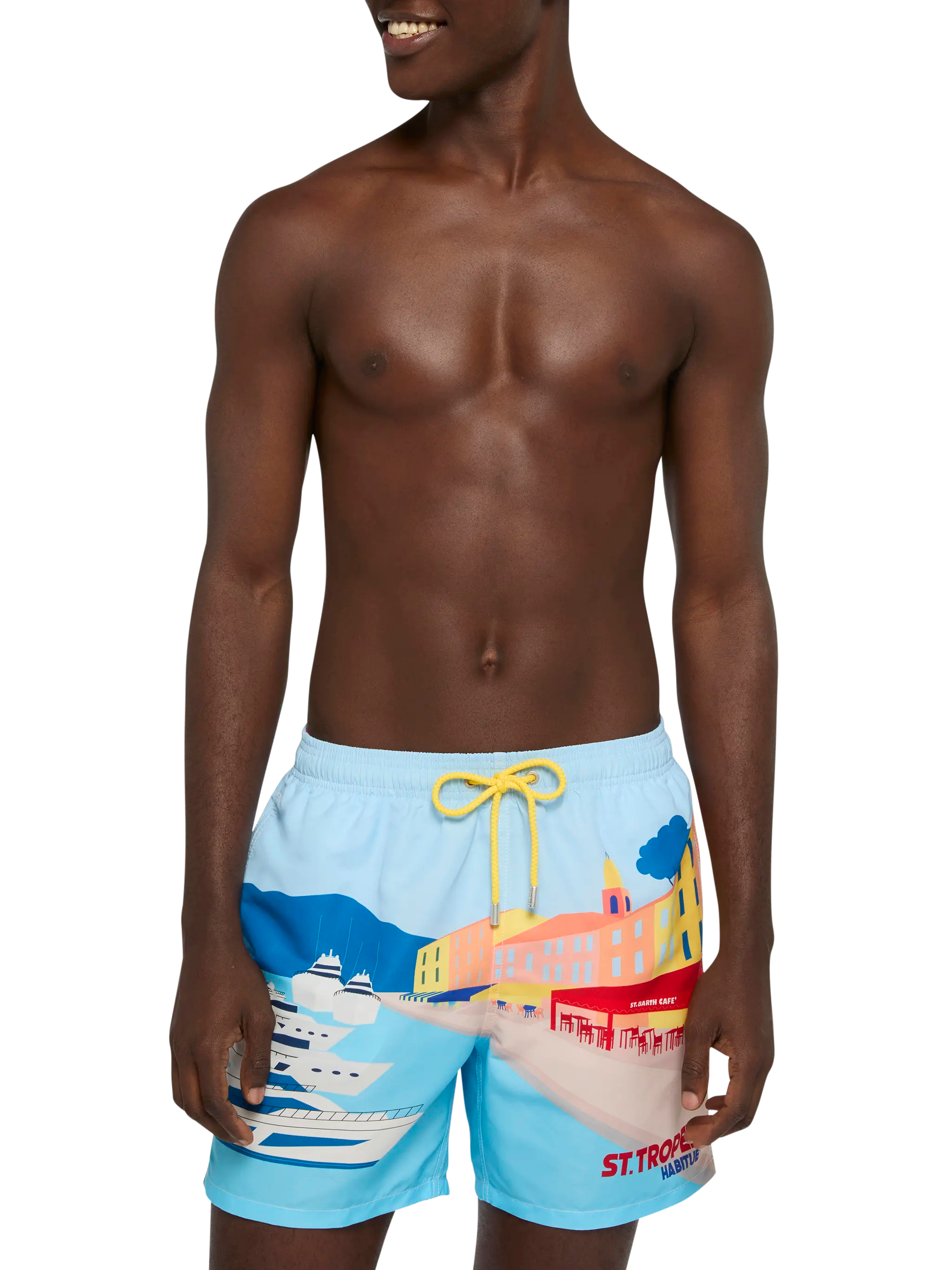 Mid-Length Gustavia Swim-Shorts With St. Tropez Postcard Placed Print Blue Swimshort