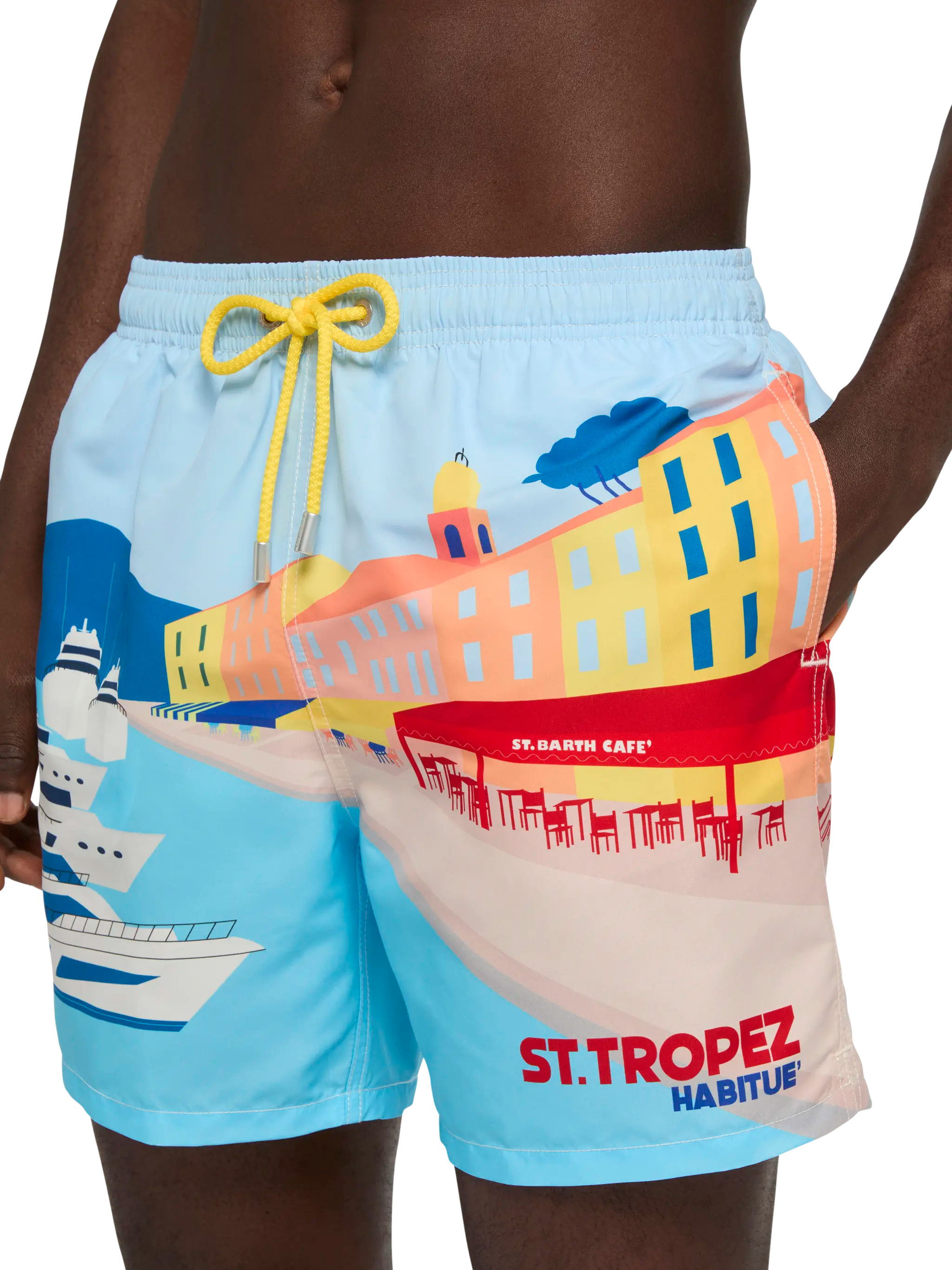 Mid-Length Gustavia Swim-Shorts With St. Tropez Postcard Placed Print Blue Swimshort