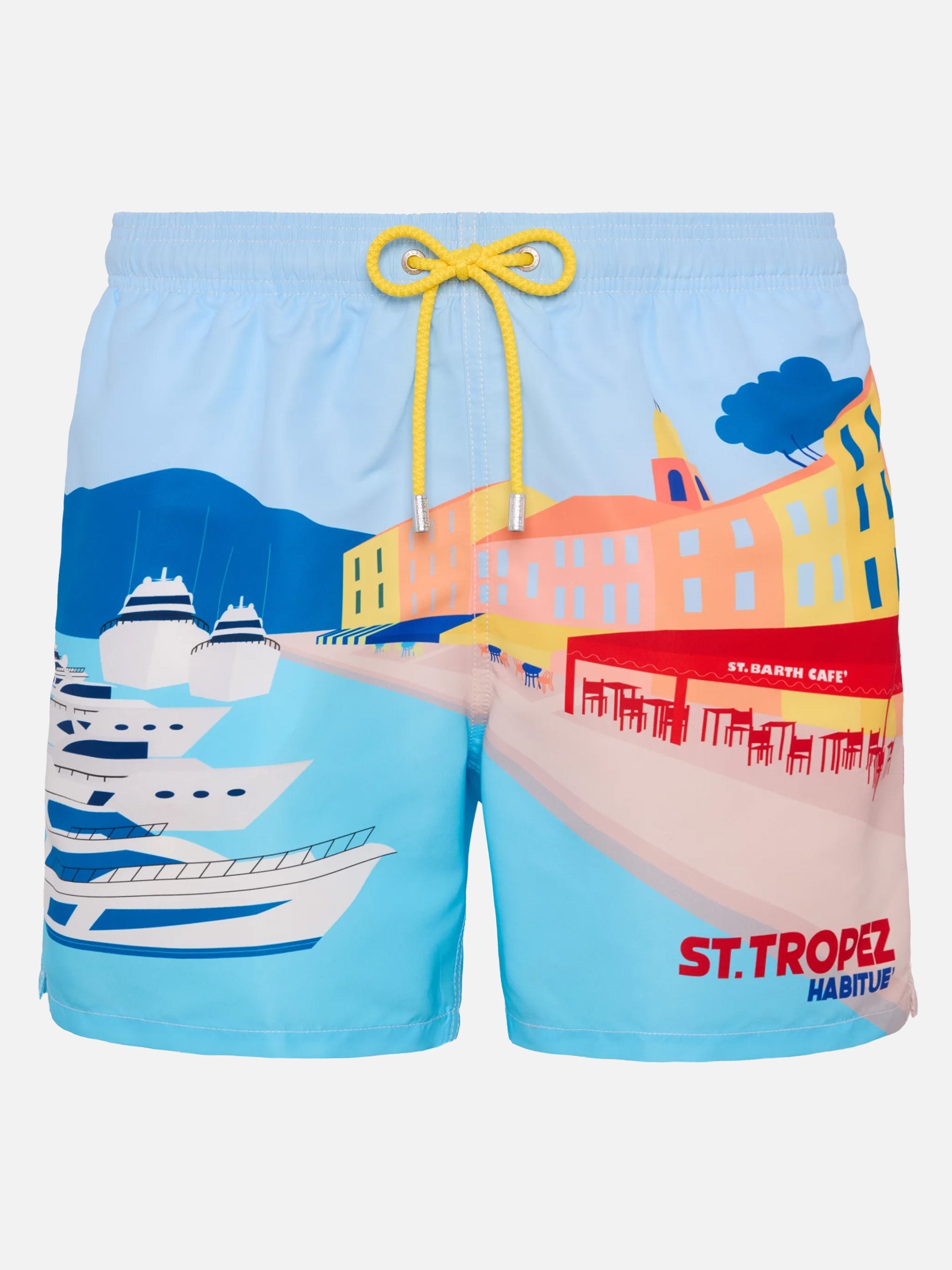 Mid-Length Gustavia Swim-Shorts With St. Tropez Postcard Placed Print Blue Swimshort