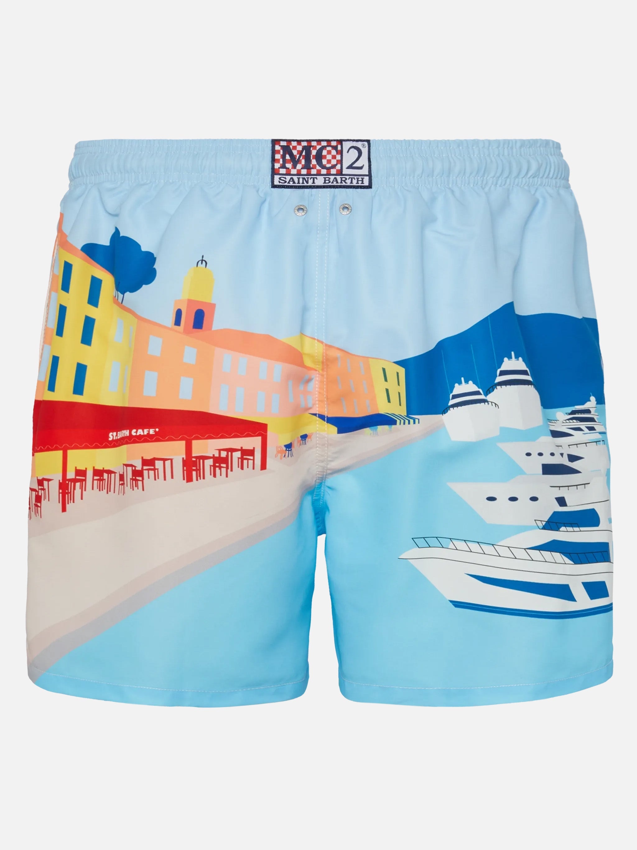 Mid-Length Gustavia Swim-Shorts With St. Tropez Postcard Placed Print Blue Swimshort
