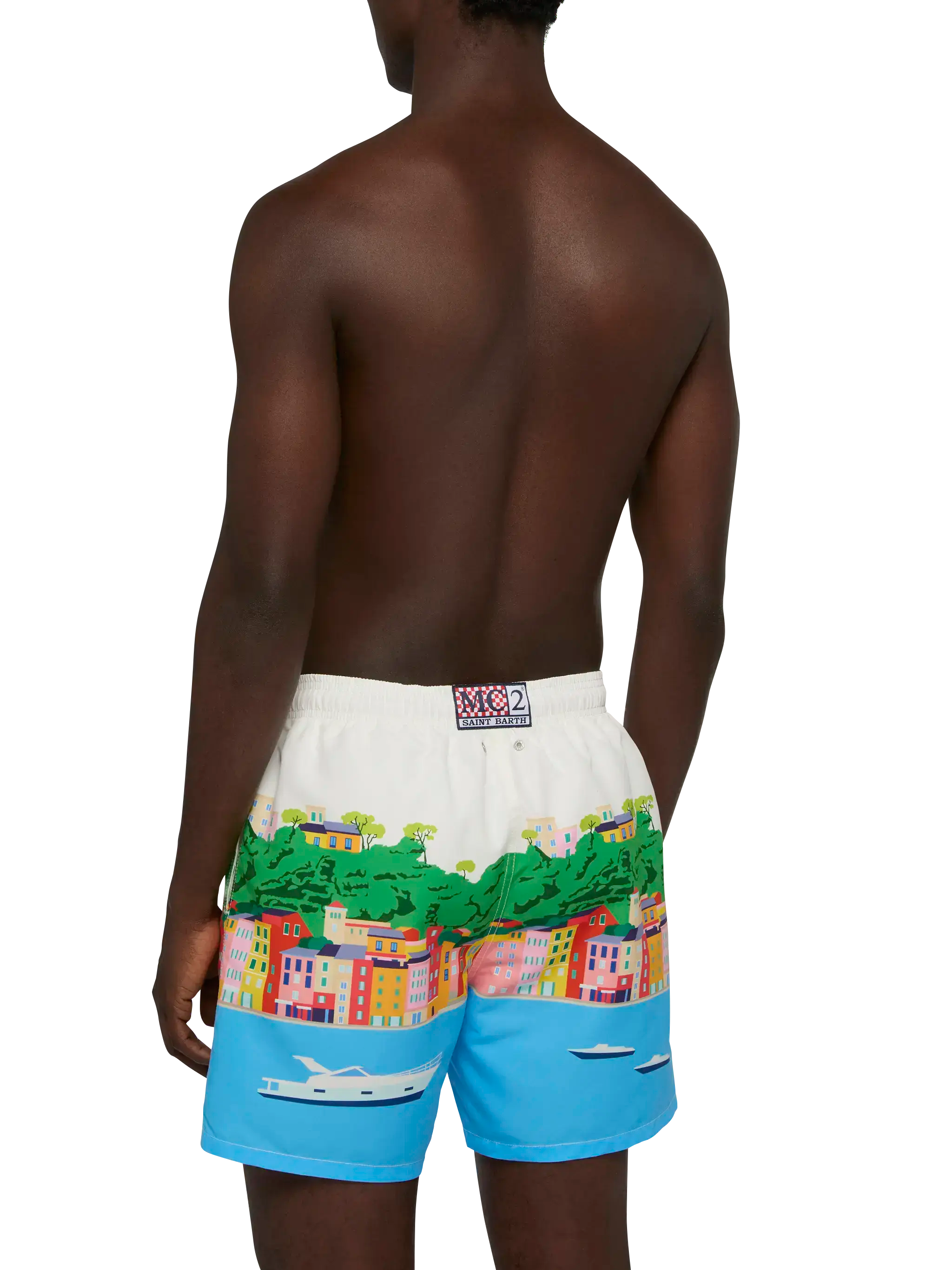 Mid-Length Gustavia Swim-Shorts With Portofino Postcard Placed Print White Swimshort