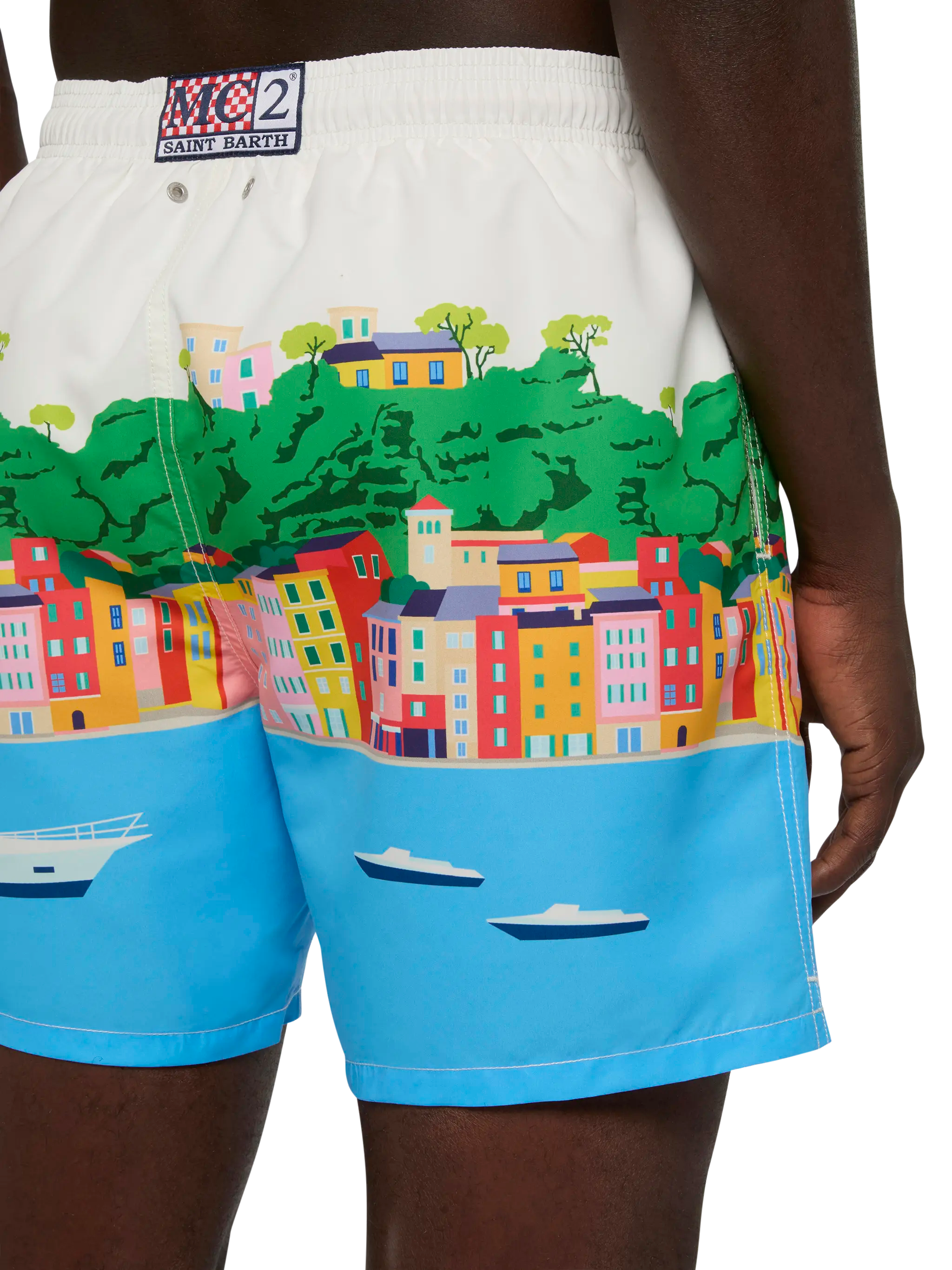 Mid-Length Gustavia Swim-Shorts With Portofino Postcard Placed Print White Swimshort