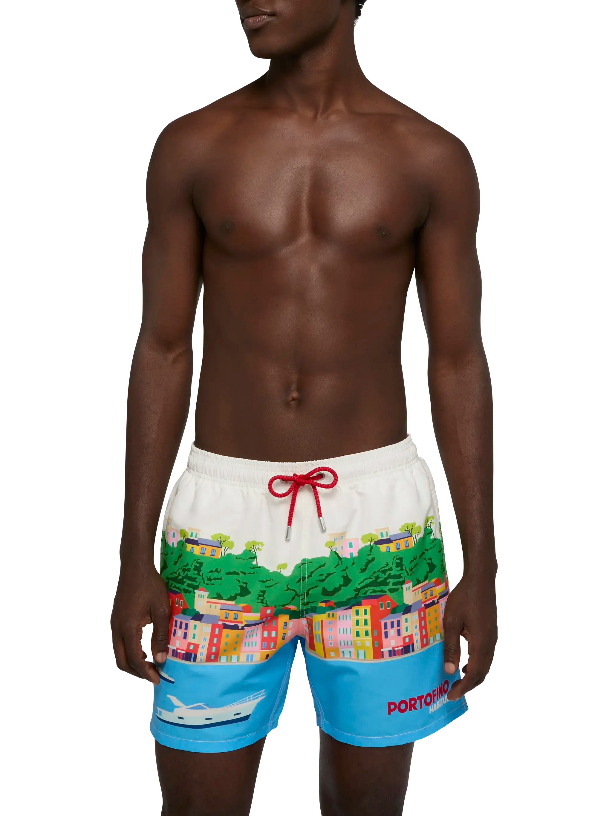 Mid-Length Gustavia Swim-Shorts With Portofino Postcard Placed Print White Swimshort