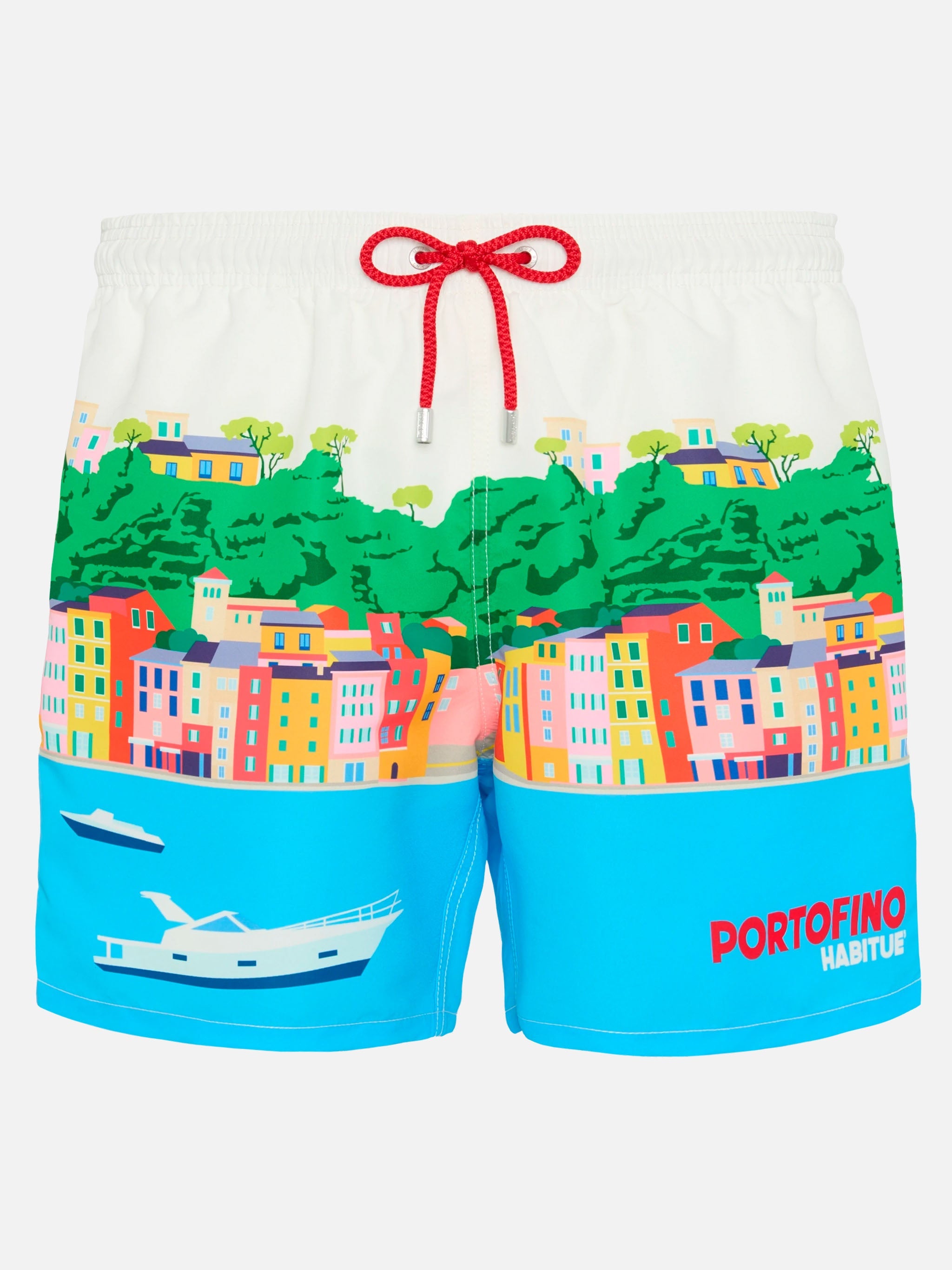 Mid-Length Gustavia Swim-Shorts With Portofino Postcard Placed Print White Swimshort