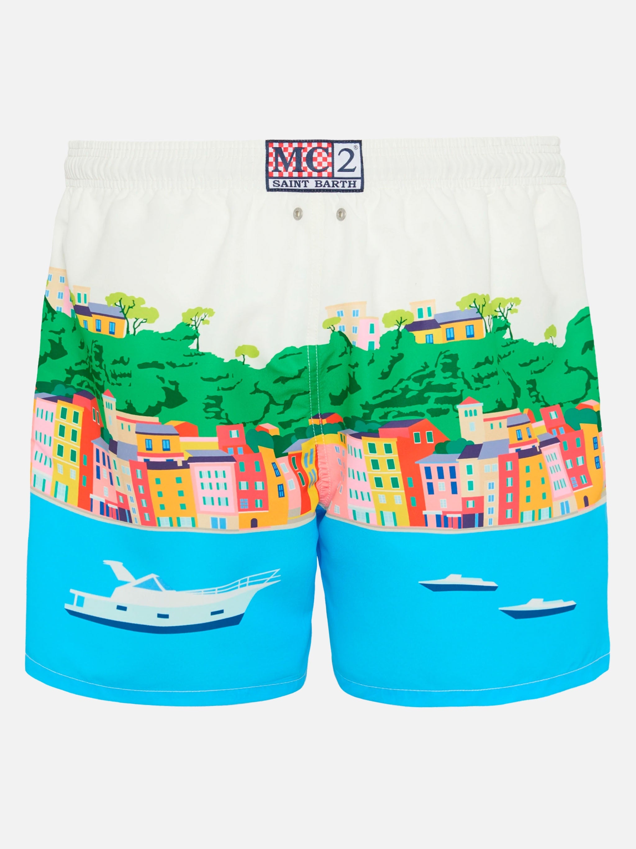 Mid-Length Gustavia Swim-Shorts With Portofino Postcard Placed Print White Swimshort