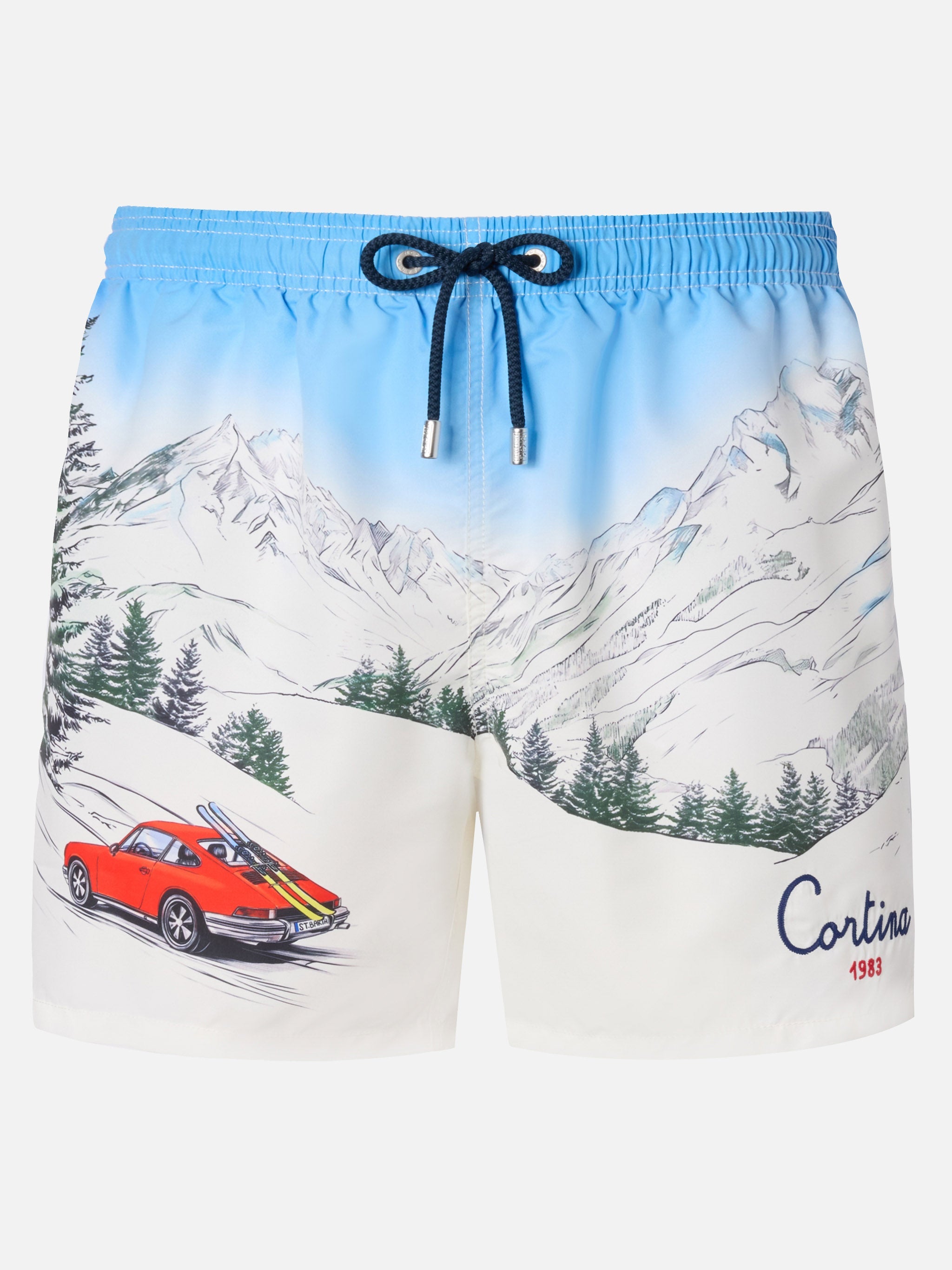 Mid-Length Gustavia Swim-Shorts With Cortina Placed Print White Swimshort