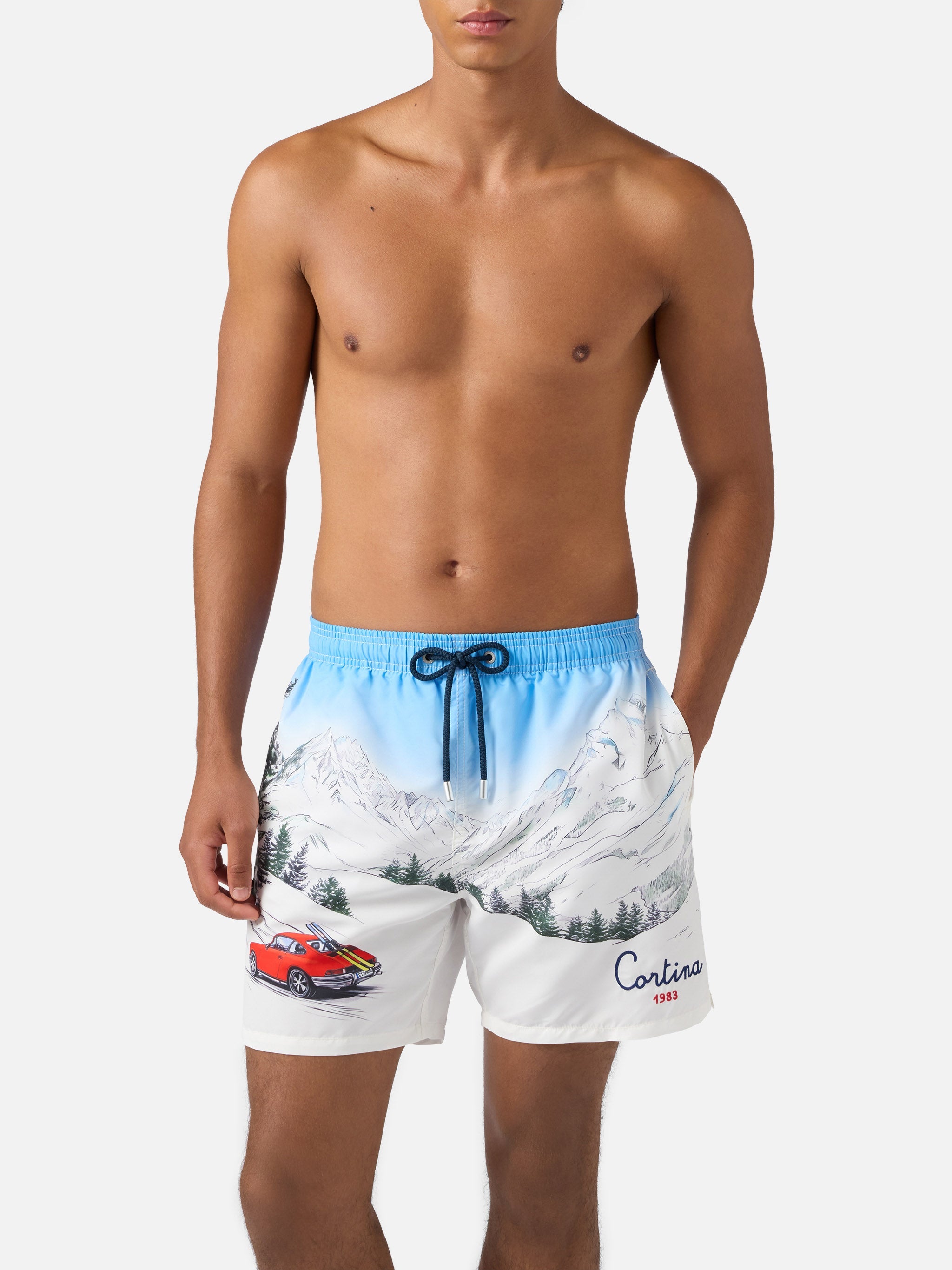 Mid-Length Gustavia Swim-Shorts With Cortina Placed Print White Swimshort