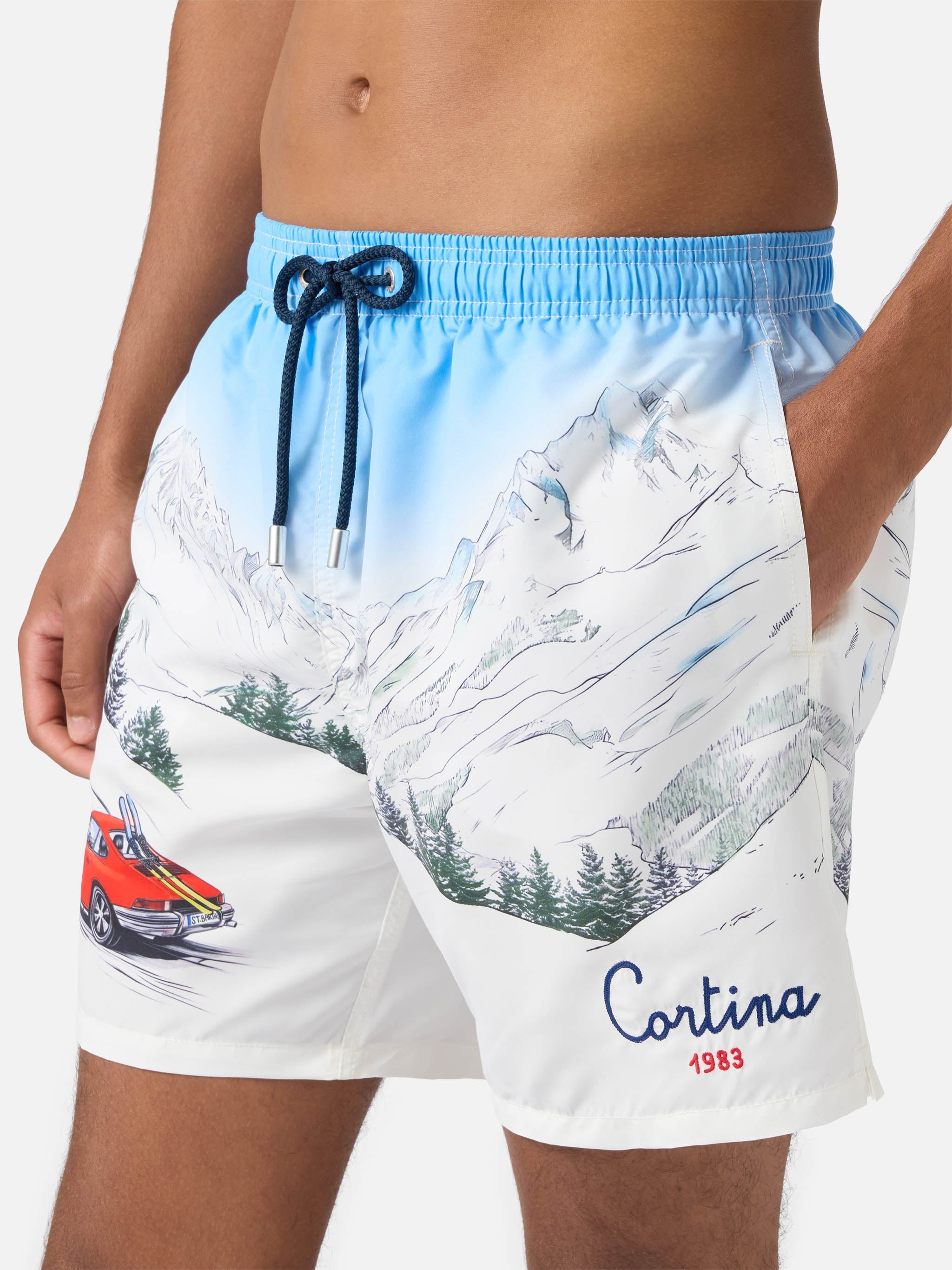Mid-Length Gustavia Swim-Shorts With Cortina Placed Print White Swimshort