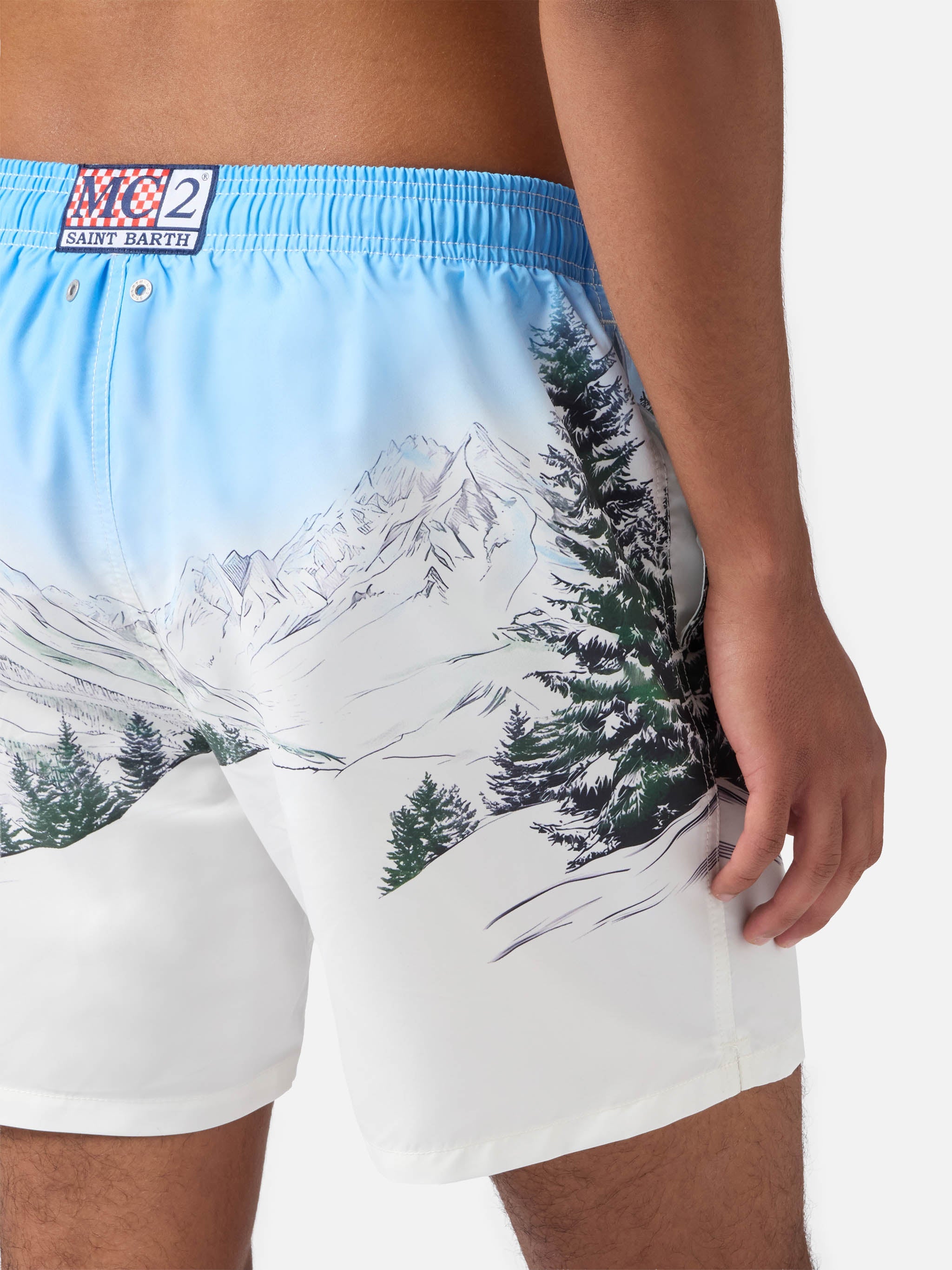 Mid-Length Gustavia Swim-Shorts With Cortina Placed Print White Swimshort
