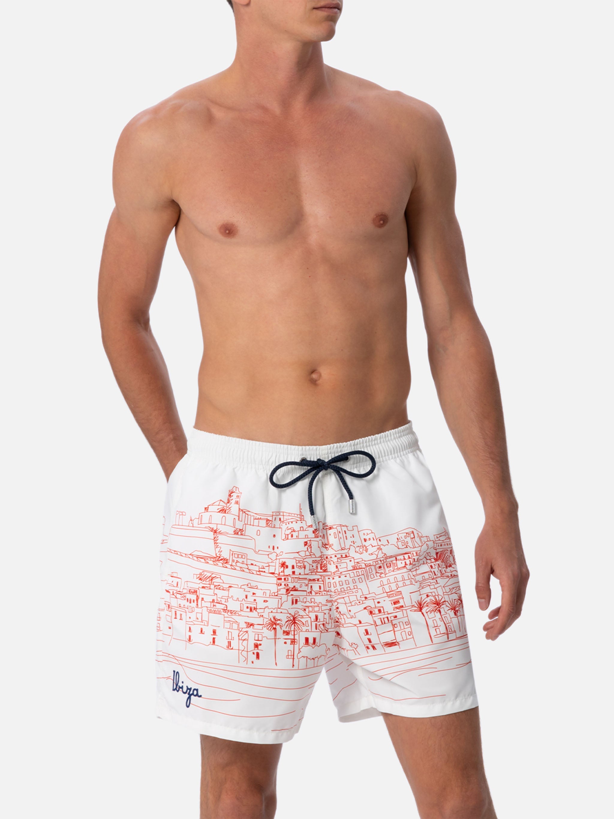 Mid-Length Gustavia Swim-Shorts With Ibiza Placed Print White Swimshort