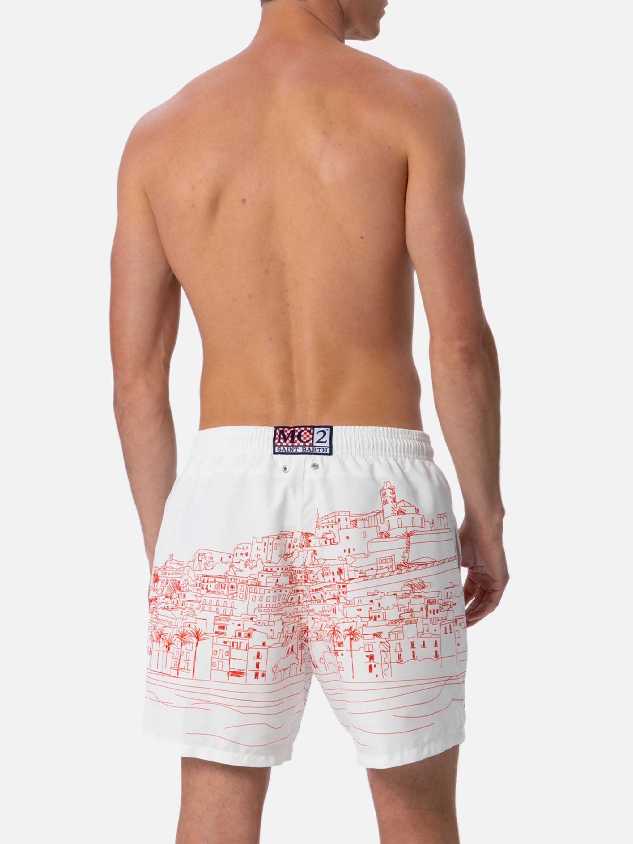 Mid-Length Gustavia Swim-Shorts With Ibiza Placed Print White Swimshort