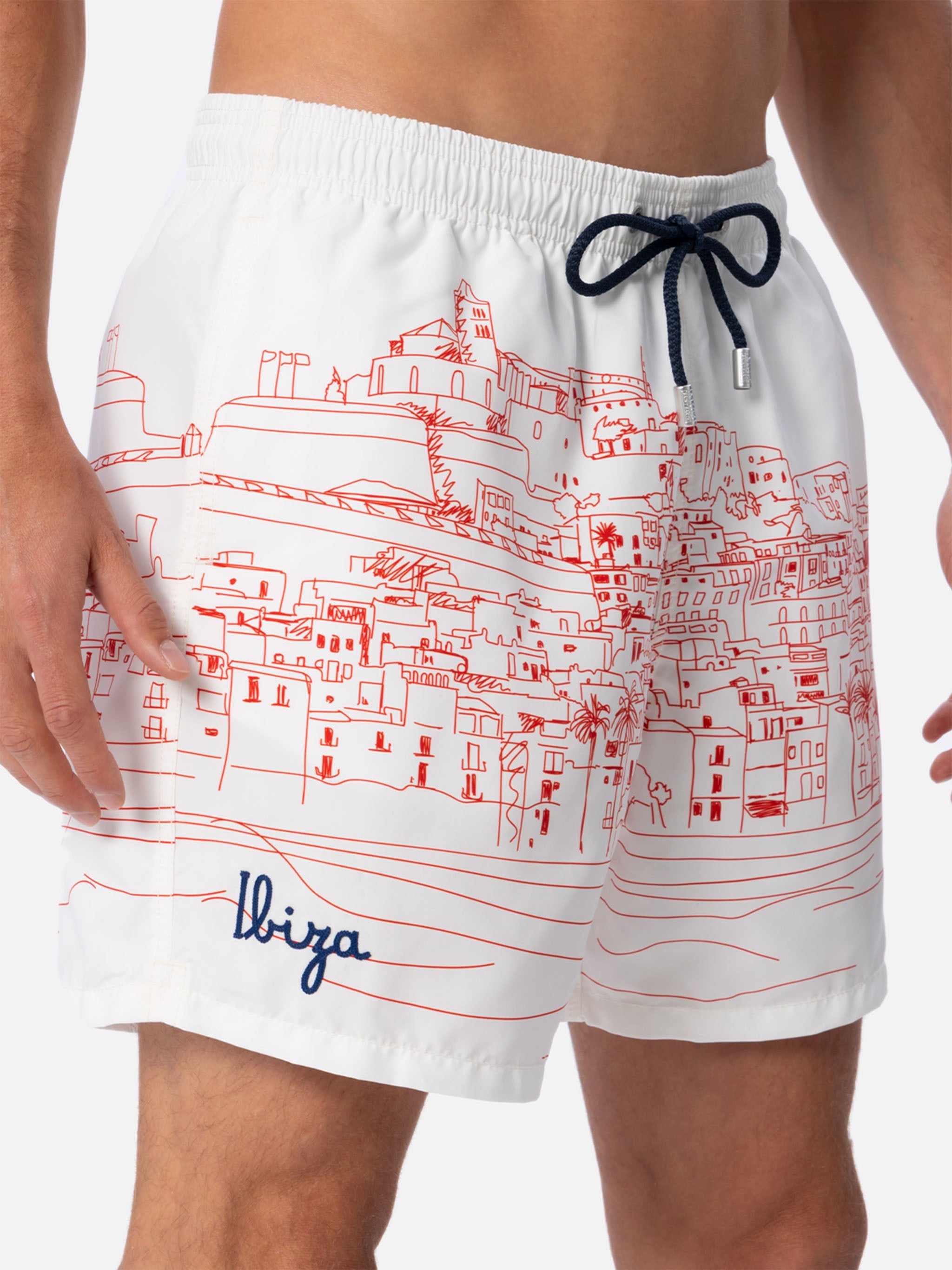 Mid-Length Gustavia Swim-Shorts With Ibiza Placed Print White Swimshort