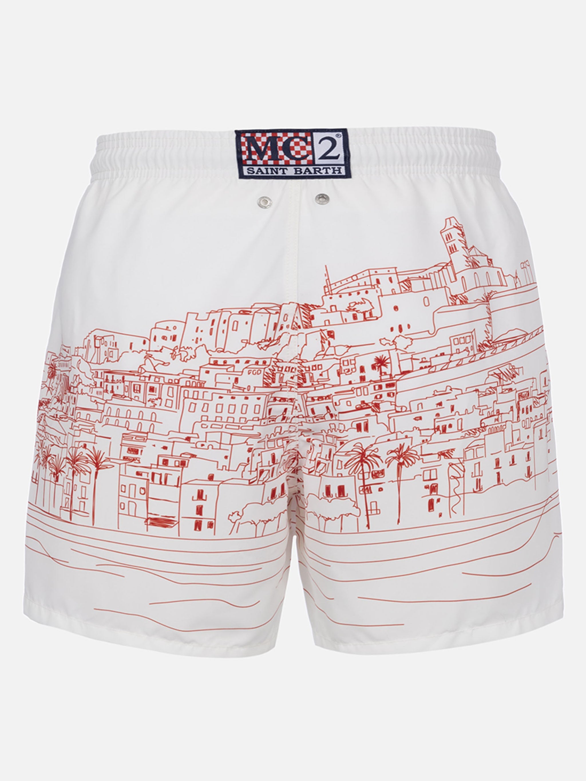 Mid-Length Gustavia Swim-Shorts With Ibiza Placed Print White Swimshort