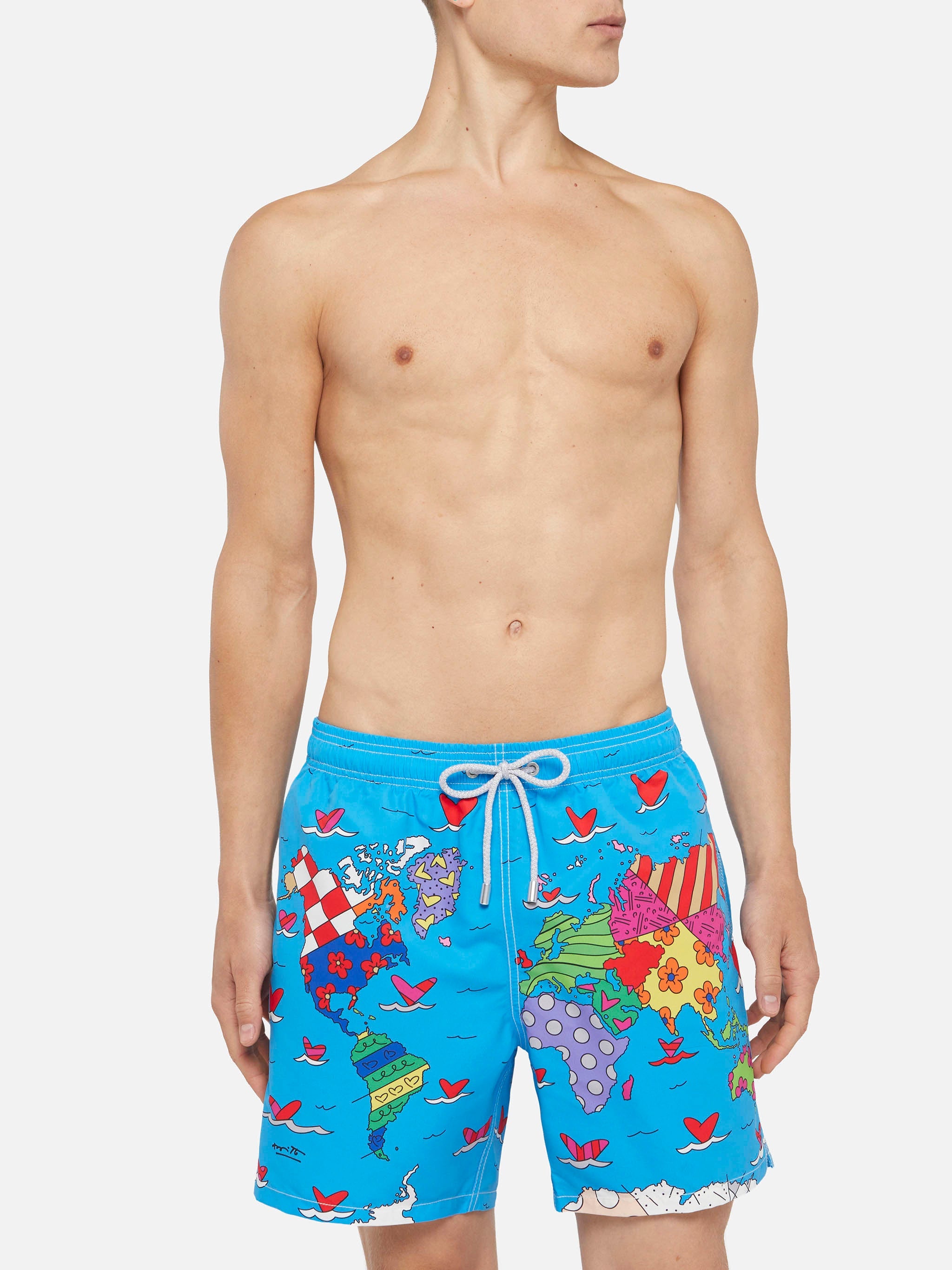 Mid-Length Gustavia Swim-Shorts With Britto World Placed Print| Special Edition Blue Swimshort