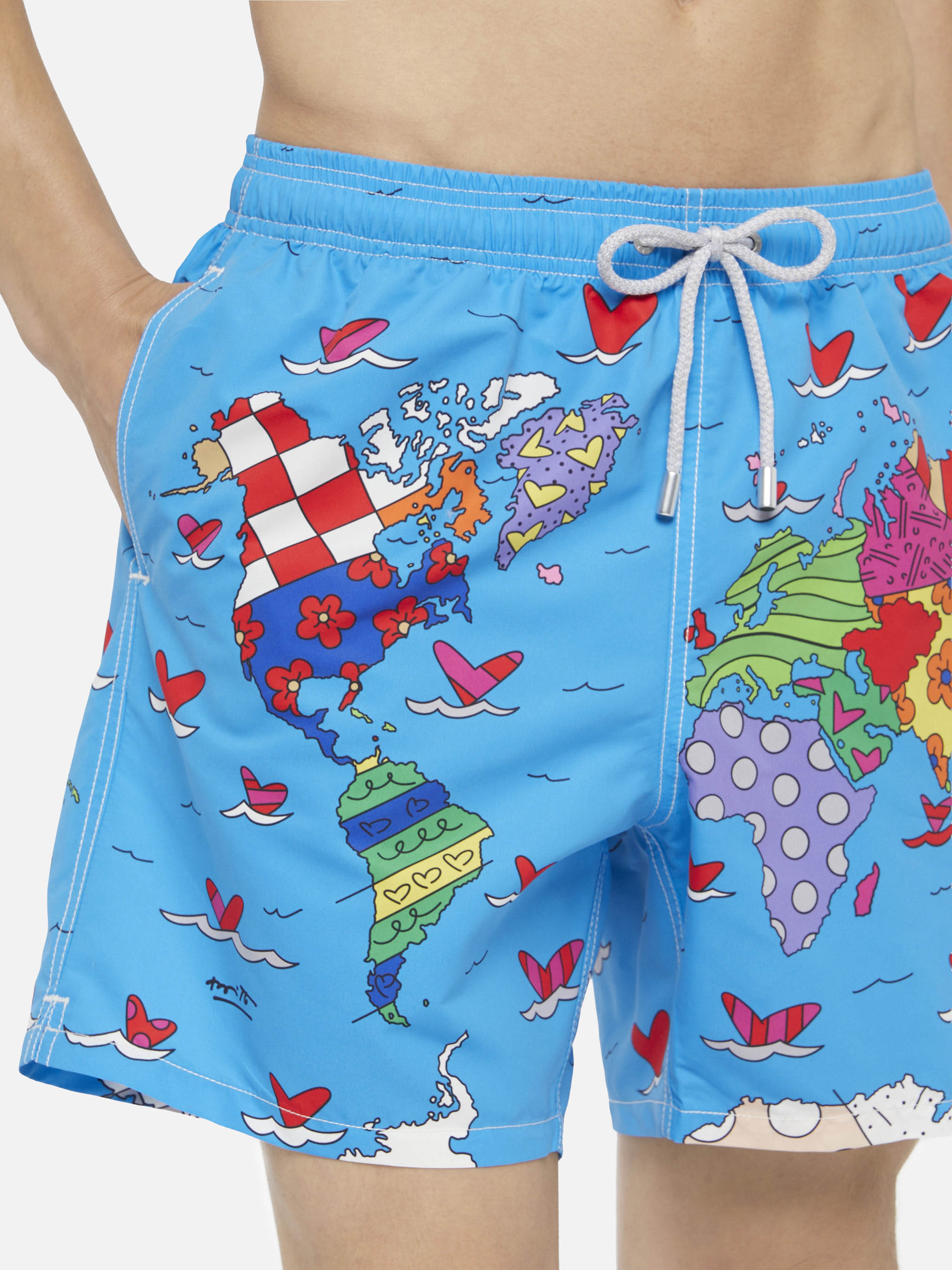 Mid-Length Gustavia Swim-Shorts With Britto World Placed Print| Special Edition Blue Swimshort