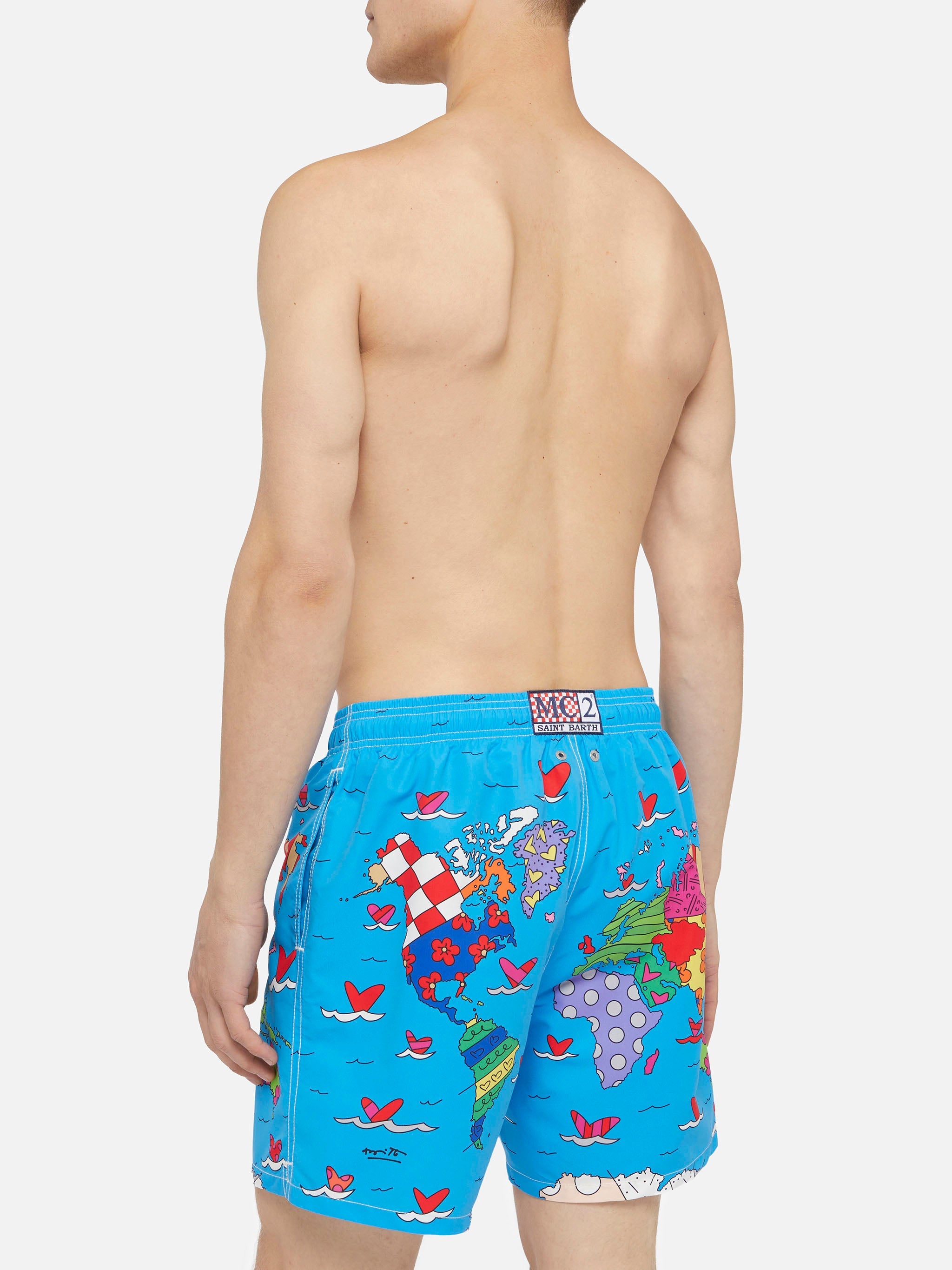 Mid-Length Gustavia Swim-Shorts With Britto World Placed Print| Special Edition Blue Swimshort