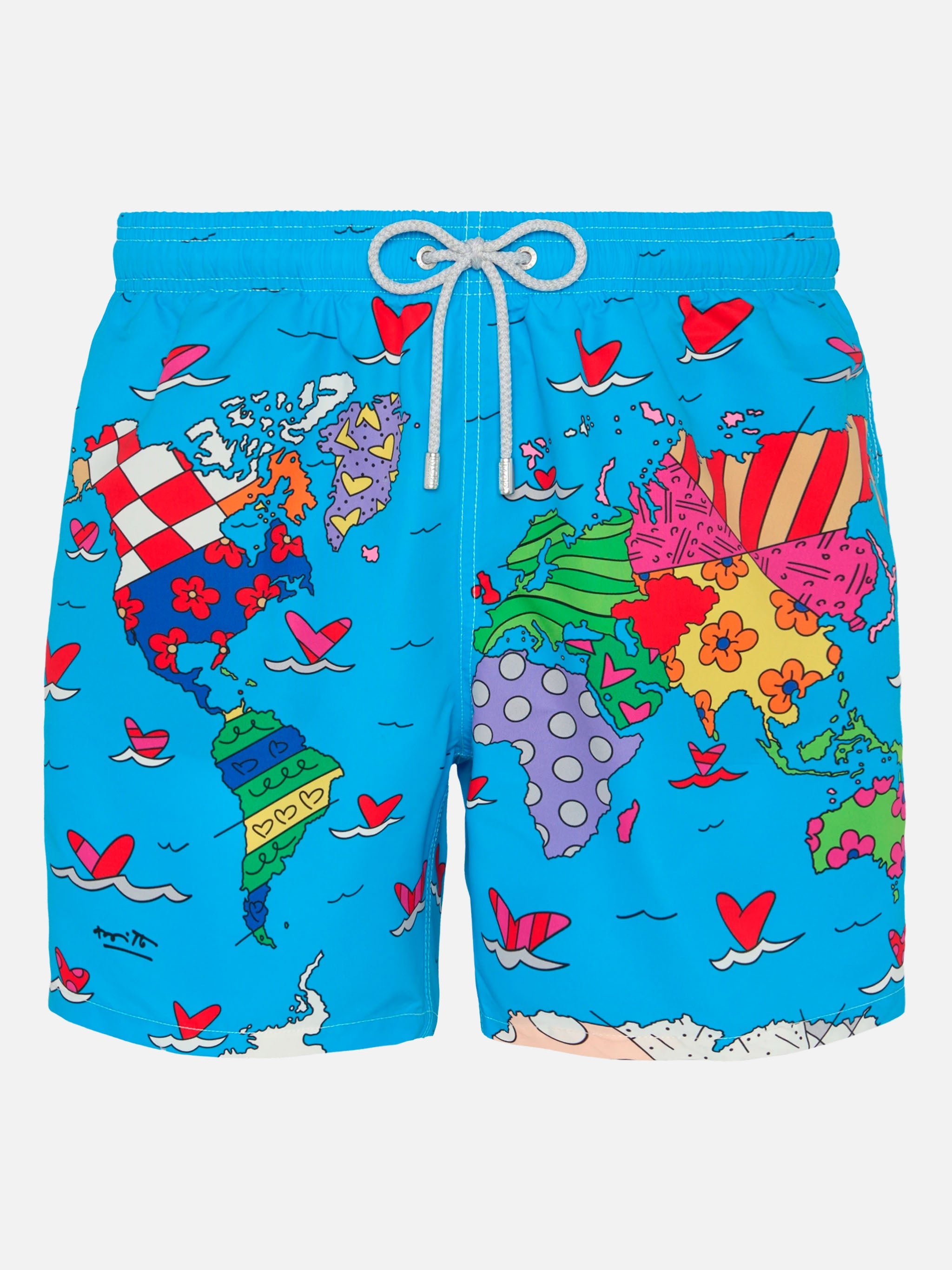 Mid-Length Gustavia Swim-Shorts With Britto World Placed Print| Special Edition Blue Swimshort